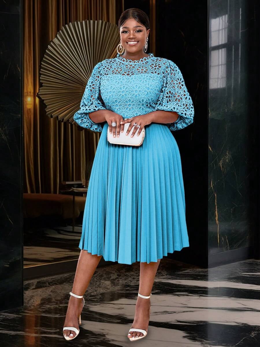thumbnail image 1 of Plus Size Blue Lace Overlay Lantern Sleeve Pleated Midi Dress, 1 of 7