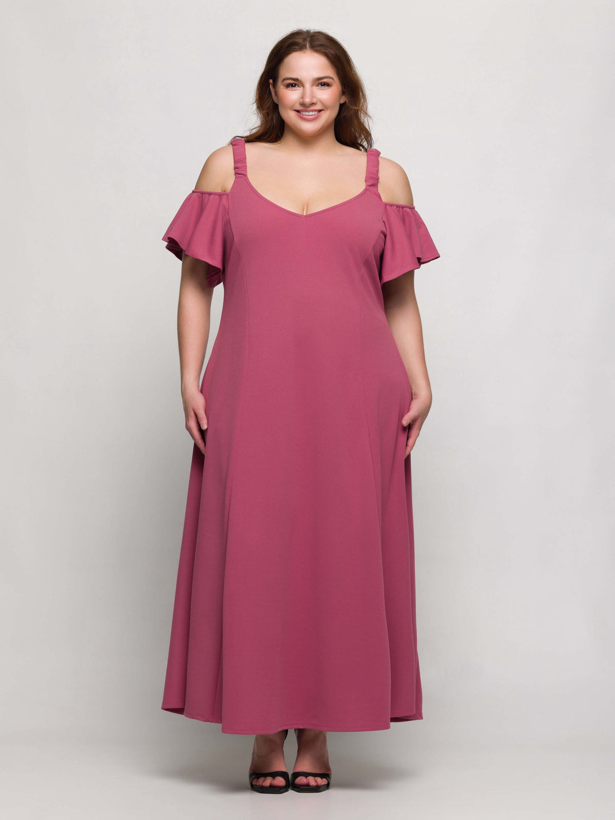 thumbnail image 1 of Plus Size Cold Shoulder Ruffle Sleeve Maxi Dress, 1 of 7