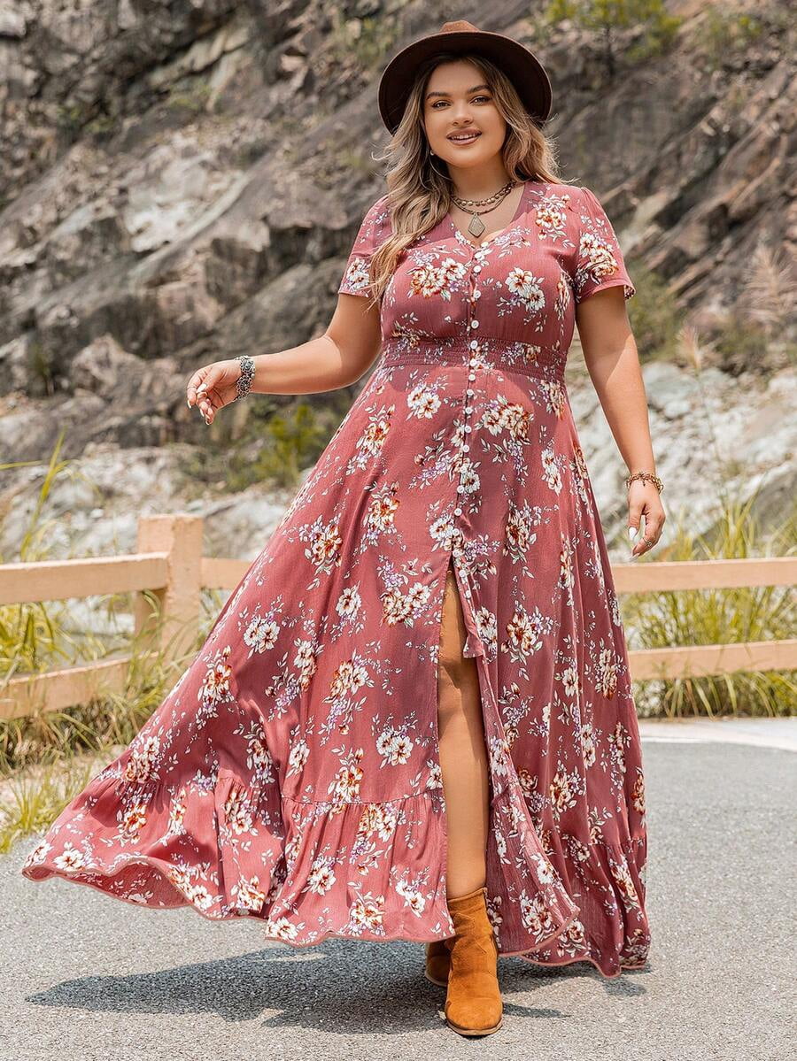 thumbnail image 1 of Plus Size Dusty Pink Boho Floral Print V-Neck Maxi Dress With Button Front, 1 of 7