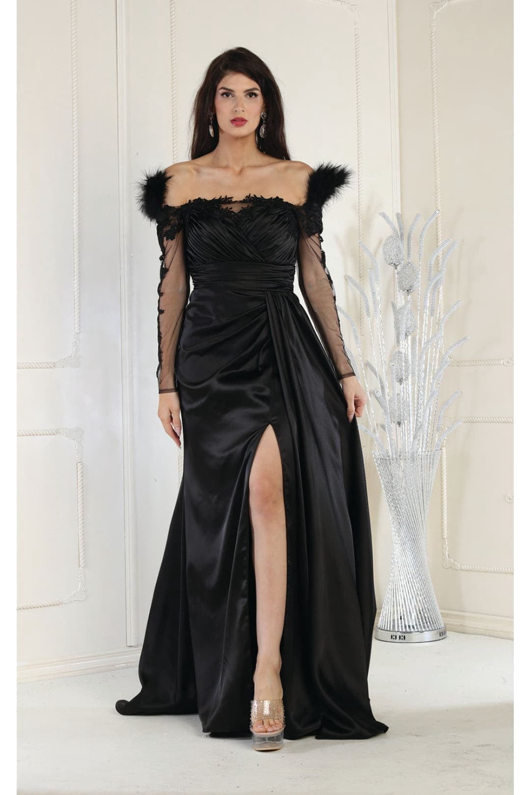 thumbnail image 1 of Royal Queen RQ8002 Juniors Womens Feather Sheer Long Sleeves High Slit Formal Dress, 1 of 9