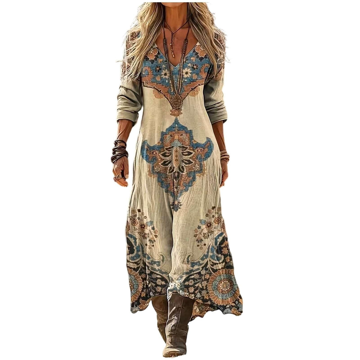 thumbnail image 1 of SONXAHE Ethnic Patterned Maxi Dress for Women Long Sleeve V Neck Bohemian Everyday Sundress, 1 of 4