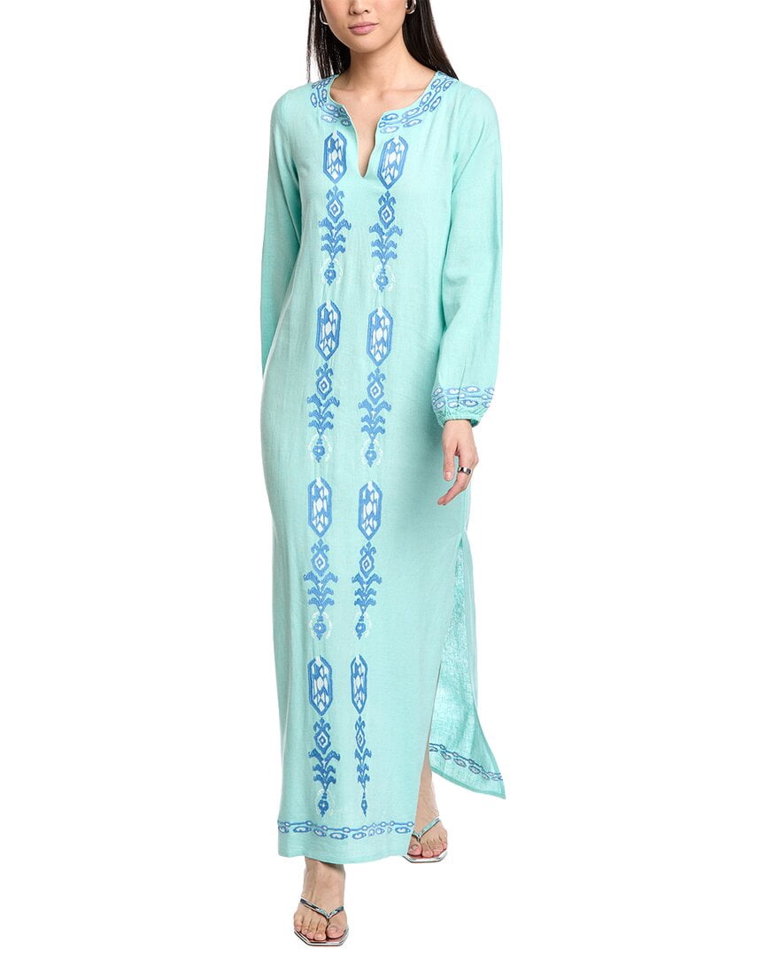 thumbnail image 1 of Sail to Sable womens Embroidered Linen-Blend Caftan, xs, Green, 1 of 3