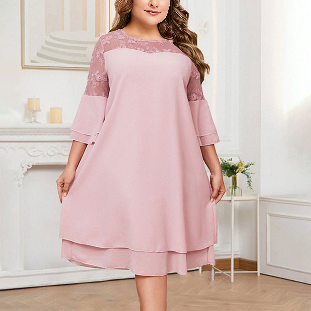 thumbnail image 1 of TaTaai Womens Clothes Plus Size Embroidered Patchwork Round Neck Five Quarter Sleeve Elegant Dress for Daily Gift, 1 of 7