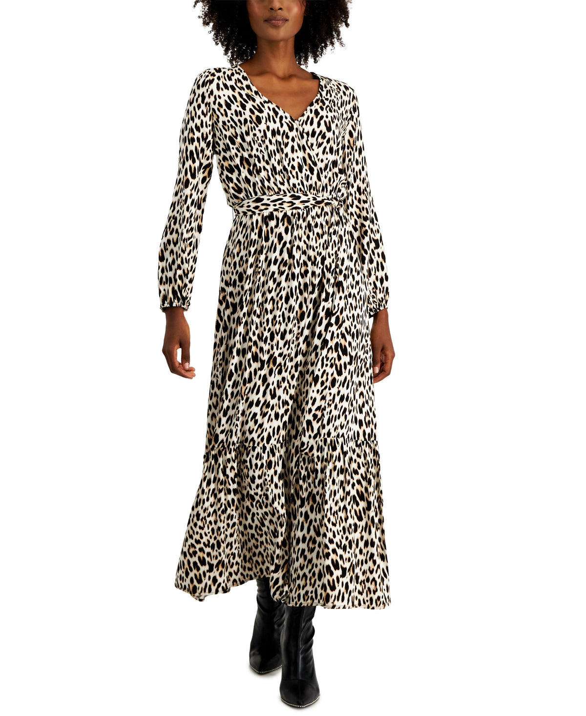 thumbnail image 1 of Tinsel Petite Tiered Tie Waist Surplice Neck Dress Cheetah PXS, 1 of 1