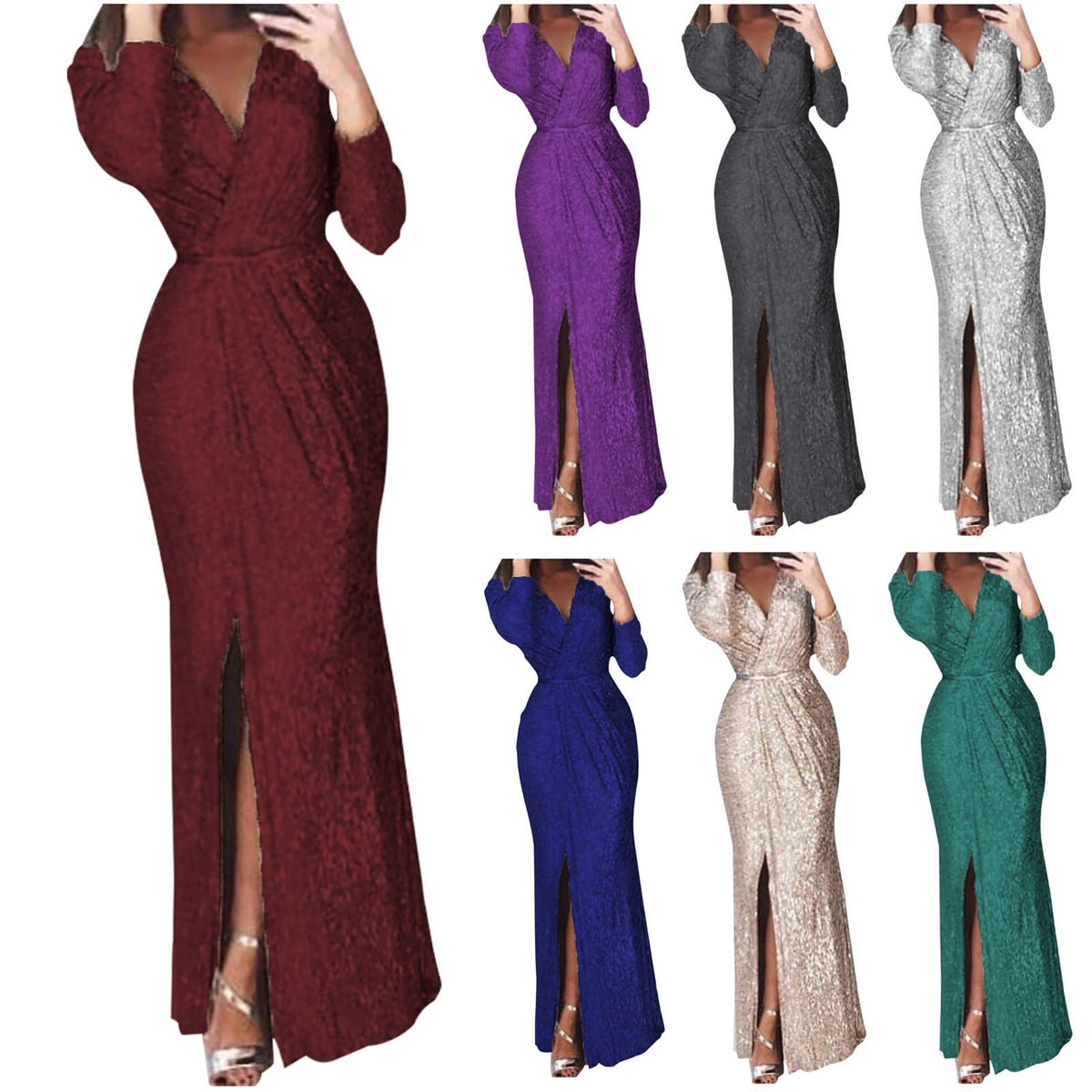 thumbnail image 1 of Utoimkio Women's Sequins Long Sleeve V Neck Evening Gown for Women Side Split Party Maxi Dresses for Women, 1 of 1