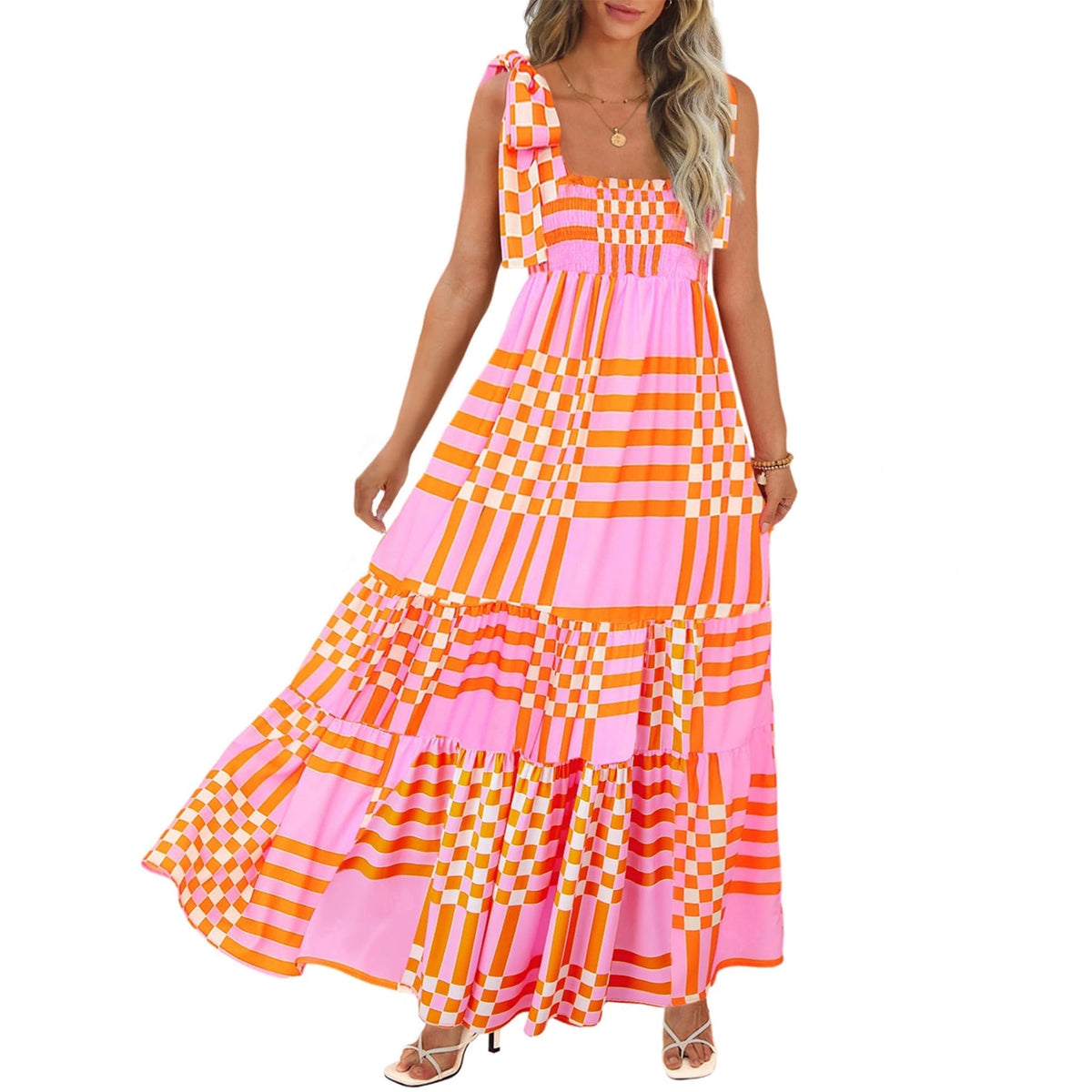 thumbnail image 1 of Whoinshop Women's Summer Maxi Dress Boho Spaghetti Straps Casual Long A-line Smocked Beach Dress Square Neck Flowy Sun Dress, 1 of 6