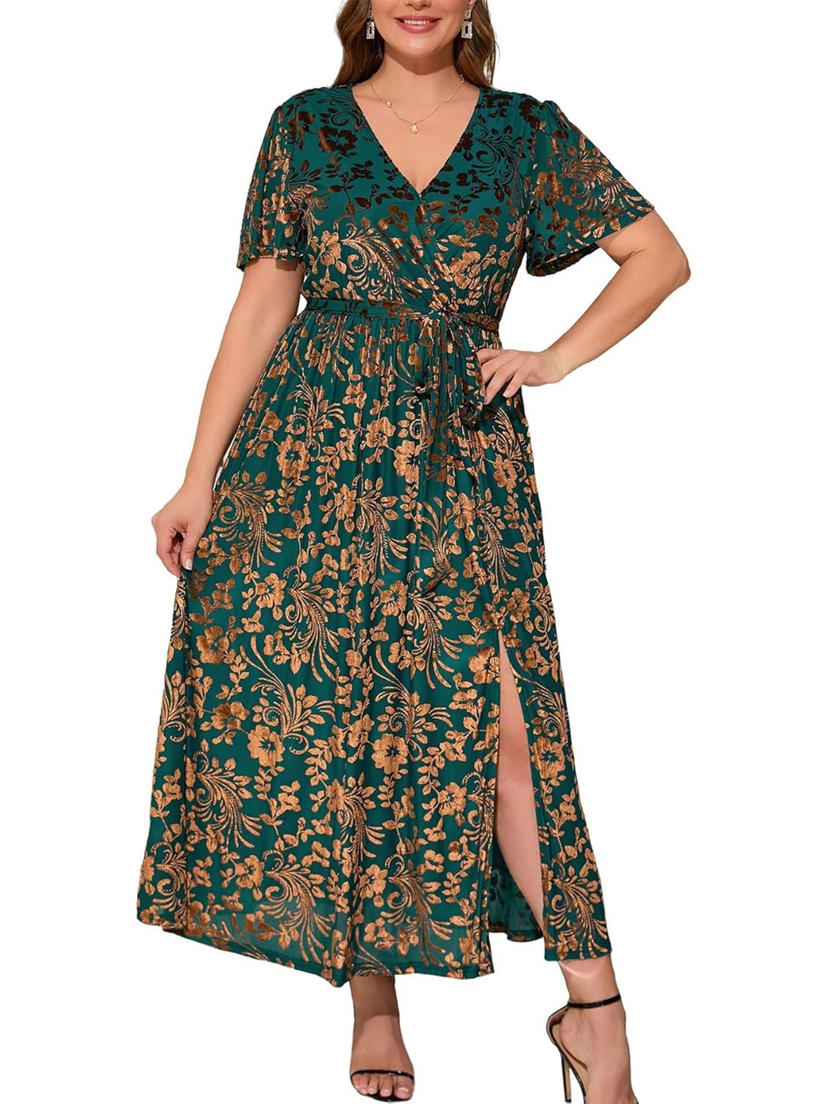 thumbnail image 1 of WeHello Women's Plus Size V-Neck Short Sleeve Green Wrap Maxi Dress, Cocktail Party Layered Dress, 16W, 1 of 9