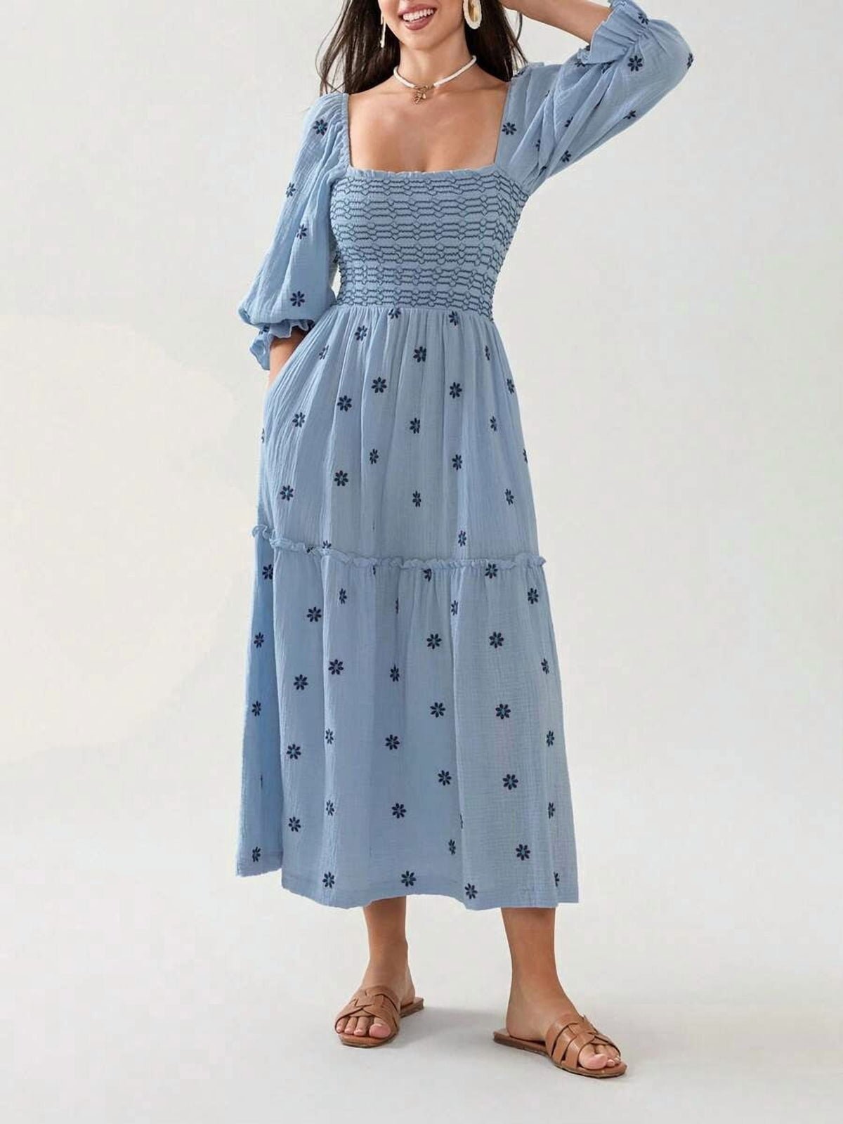 thumbnail image 1 of Women Light Wash Floral Embroidered Maxi Dress Square Neck Puff Sleeve, 1 of 29
