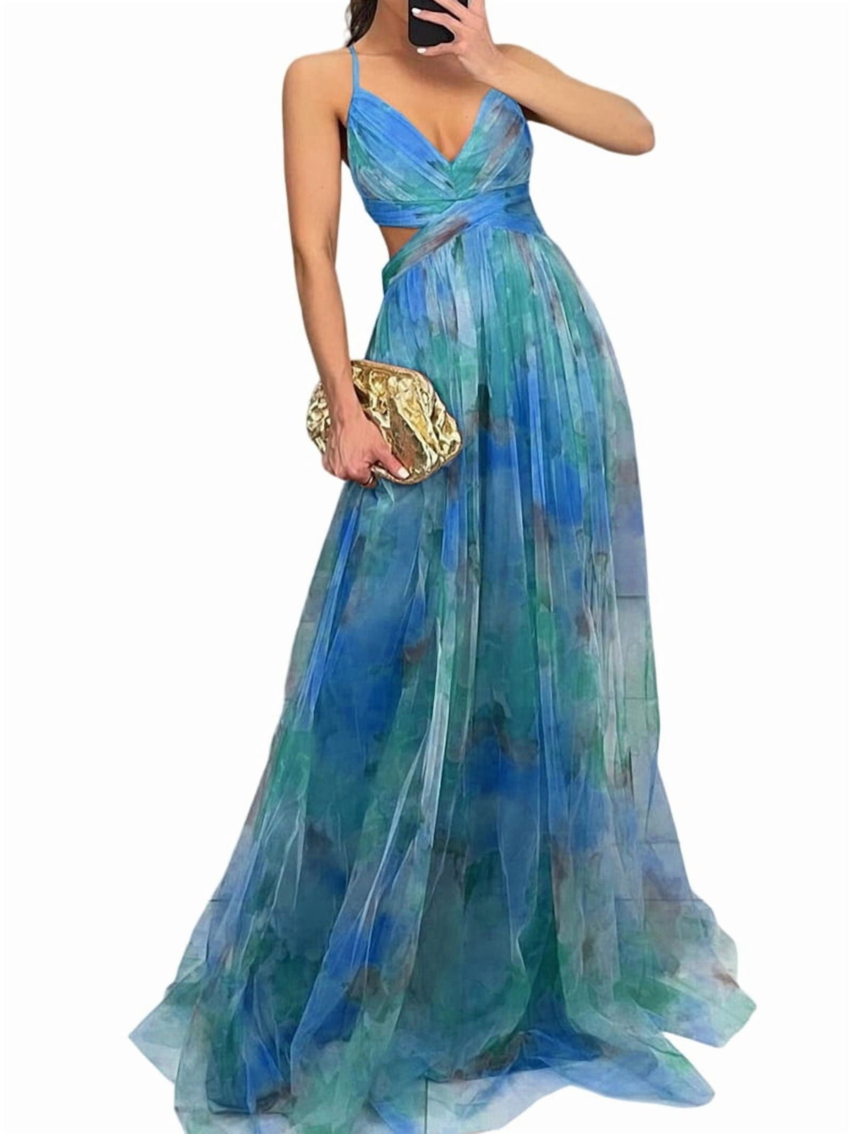 thumbnail image 1 of Women'S Floral Strappy Dress Low Cut Tie Front High Waist Slit Maxi Printed Summer Dress Green L, 1 of 6