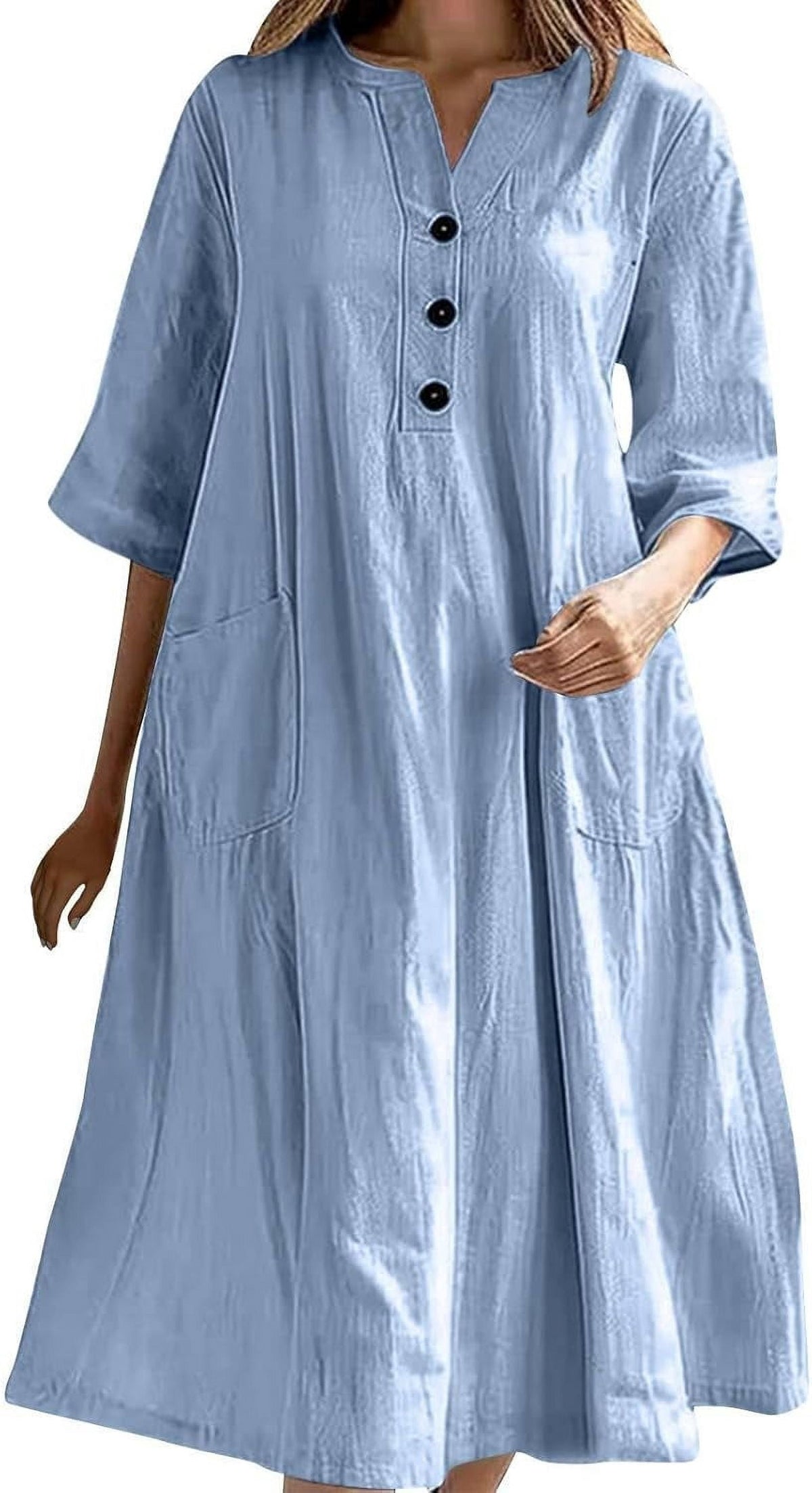 thumbnail image 1 of Women's 100% Cotton Midi Dress with V-Neck & Pockets - Loose Fit Summer Half Sleeve Casual Dress for Beach Outings, 1 of 6