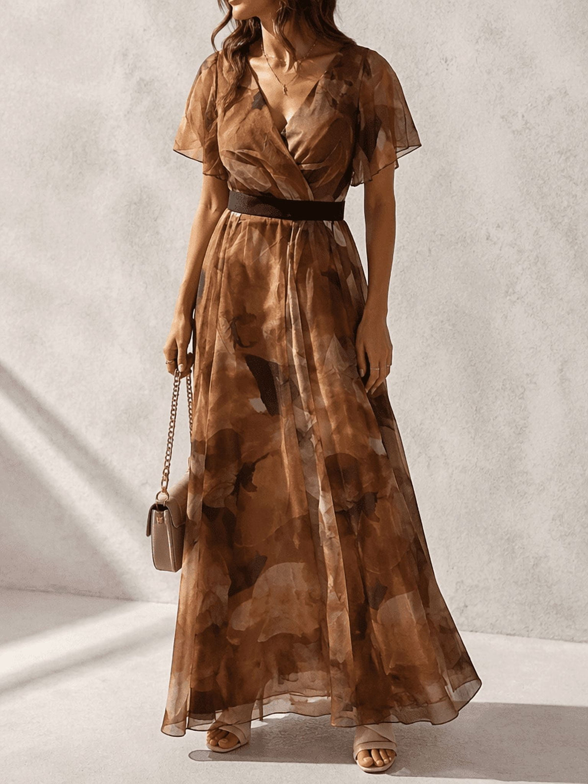 thumbnail image 1 of Women's Brown Floral Plus Size Maxi Dress with V-Neck, Sheer Flutter Sleeves and Tie Waist, 1 of 4