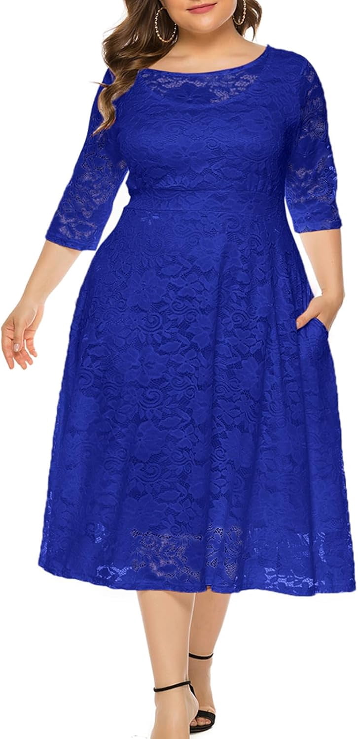 thumbnail image 1 of Women's Elegant Floral Lace Plus Size Midi Dress with Scoop Neck for Cocktail Party Guest Wedding Formal Occasions, 1 of 10