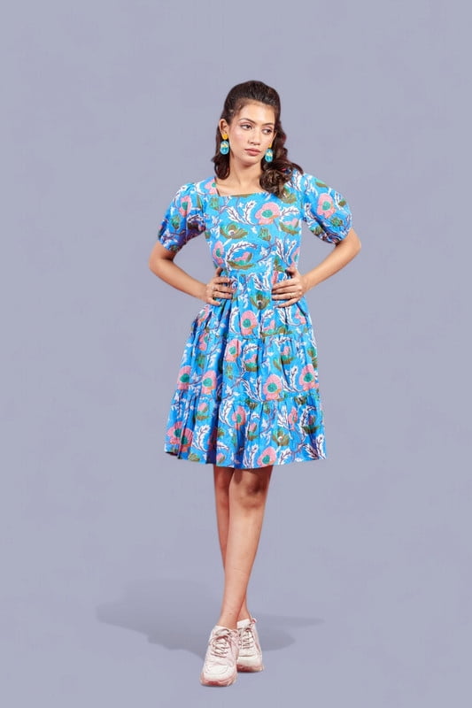 thumbnail image 1 of Women's Floral Printed Short Sleeve Babydoll Dress - Bright Blue and Pink, 1 of 6
