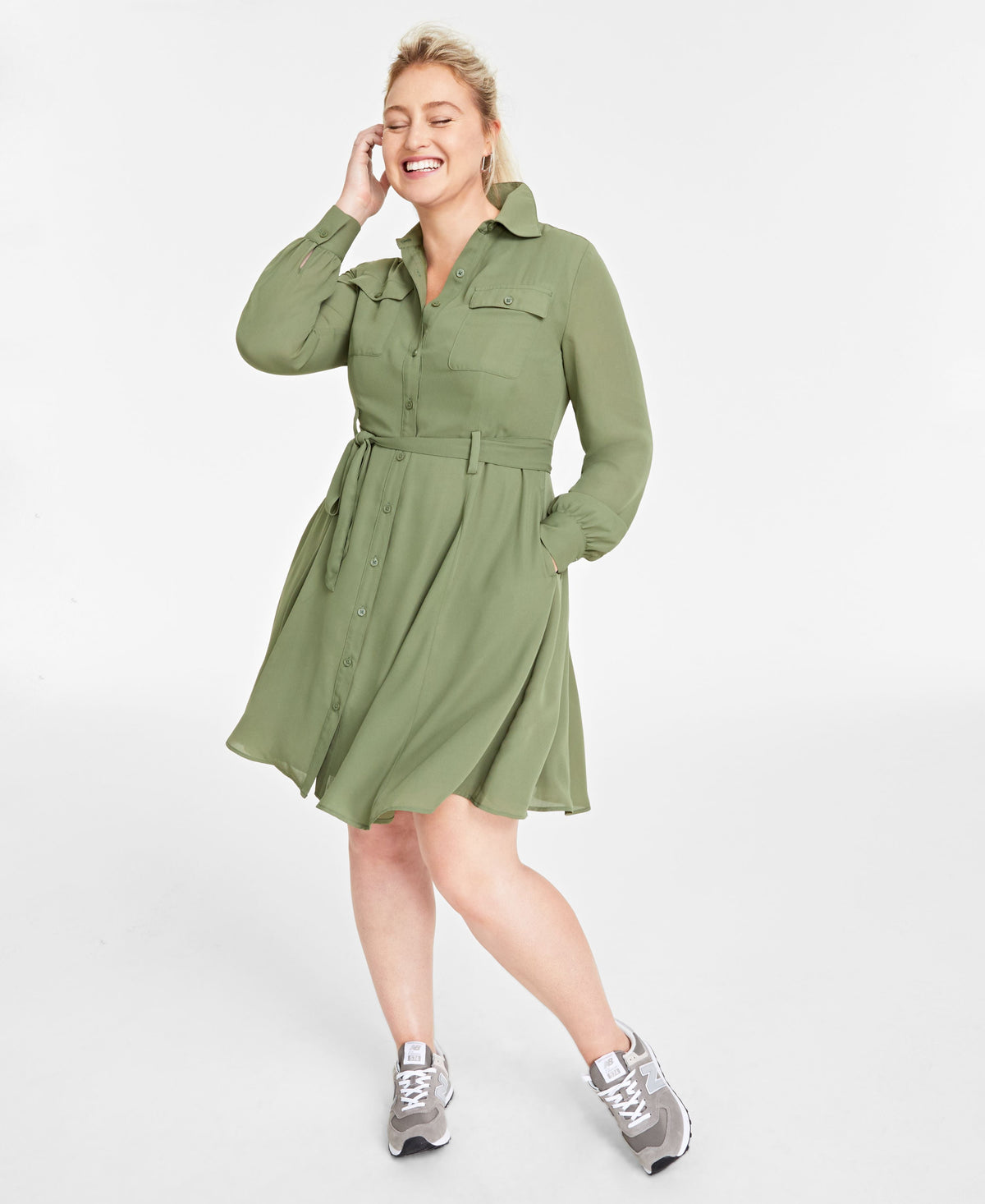 thumbnail image 1 of Women's Long-Sleeve Belted Shirtdress Olivine L, 1 of 1