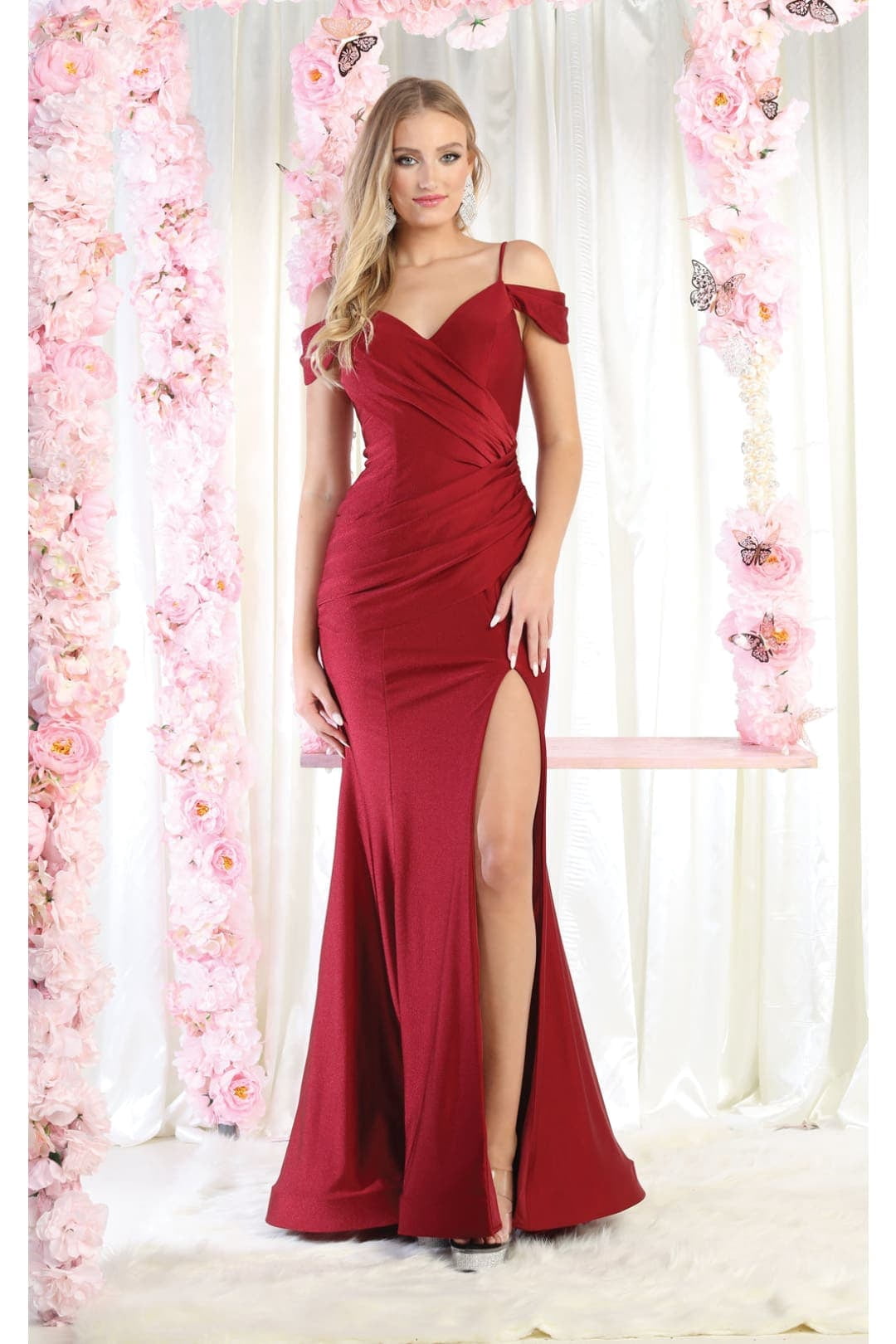 thumbnail image 1 of Women's May Queen MQ1855 Long Slit Cold Shoulder Bodycon Prom 2026 Dress Burgundy 6, 1 of 1