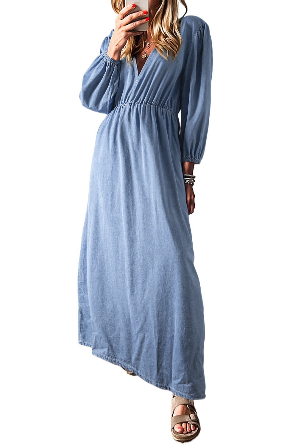 thumbnail image 1 of Women's Myosotis Chambray Deep V Neck Bracelet Sleeve Maxi Dress - [ZhiHiMeRi] | (US 12-14)L, 1 of 11