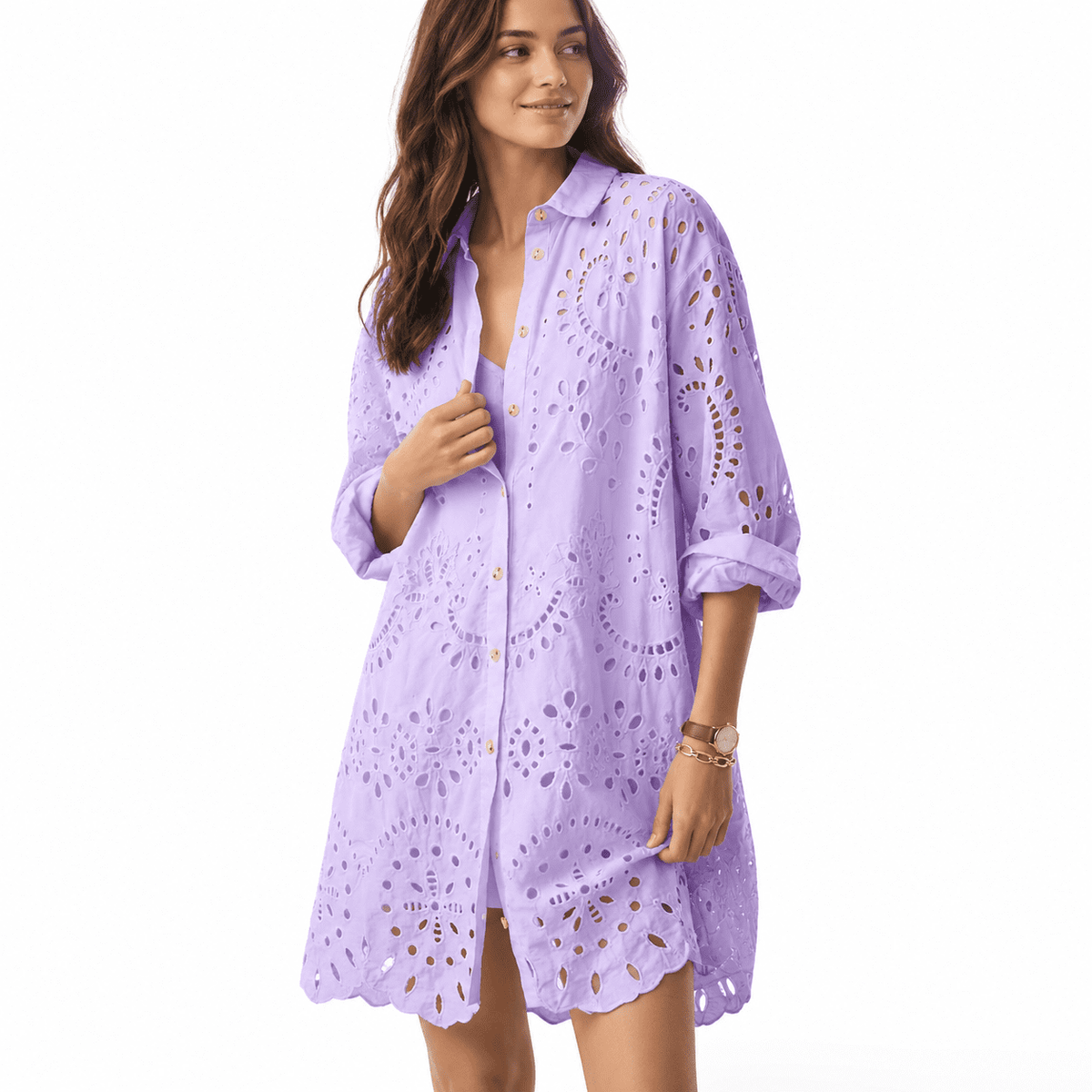 thumbnail image 1 of Women's Purple Small Eyelet Lace Button Down Loose Fit Summer Mini Dress, 1 of 6