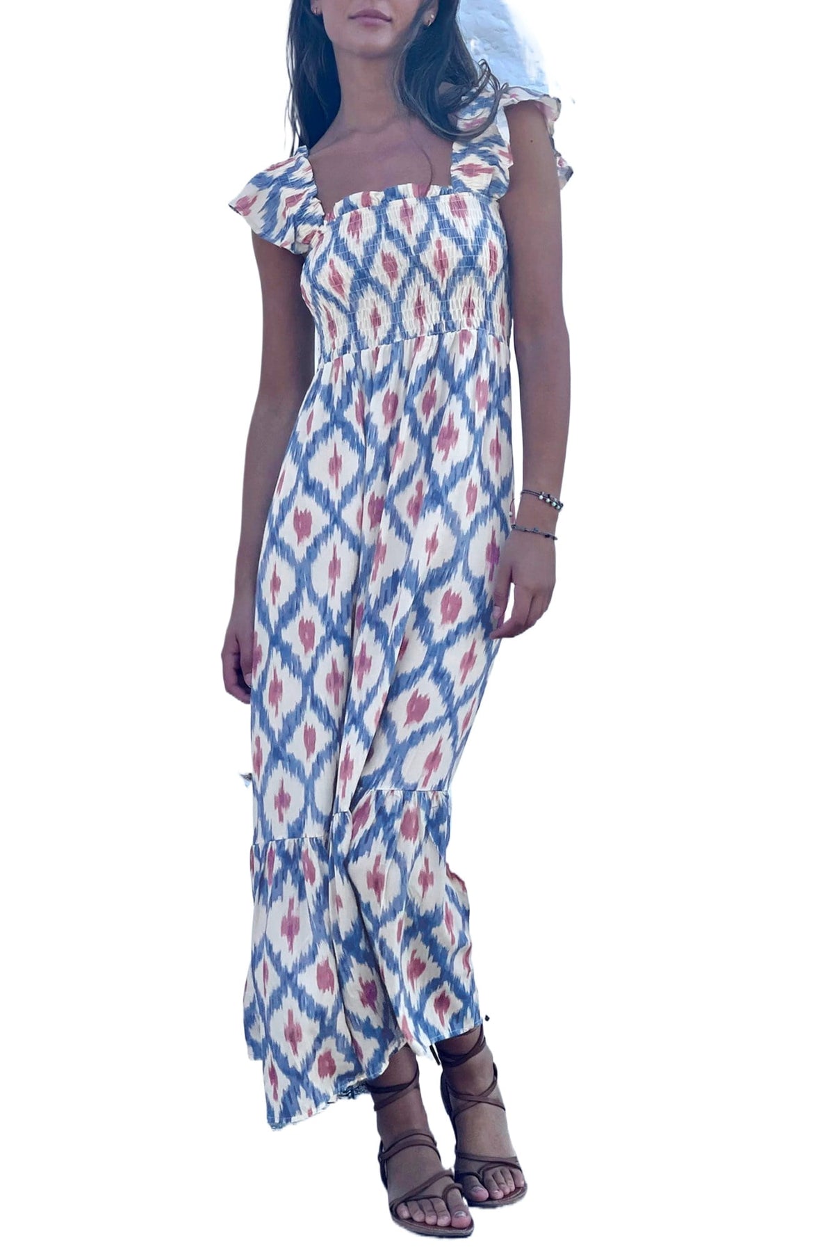 thumbnail image 1 of Women's Sky Blue Geometric Print Maxi Dress – Smocked High Waist Boho Shift Dress for Summer Vacation, XL, 1 of 6