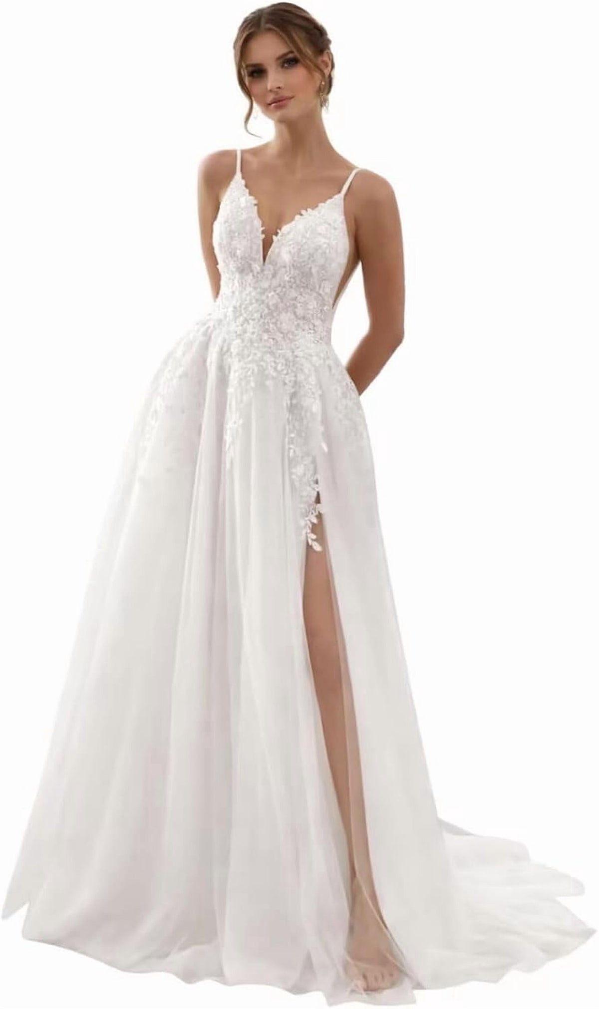 thumbnail image 1 of Women's Spaghetti Strap V‑Neck Lace Applique Tulle Slit A‑Line Wedding Dress with Train, 1 of 5