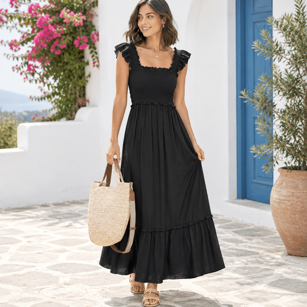 thumbnail image 1 of Womens Black Medium Smocked Maxi Dress Summer Sleeveless Flowy Boho Sundress, 1 of 6