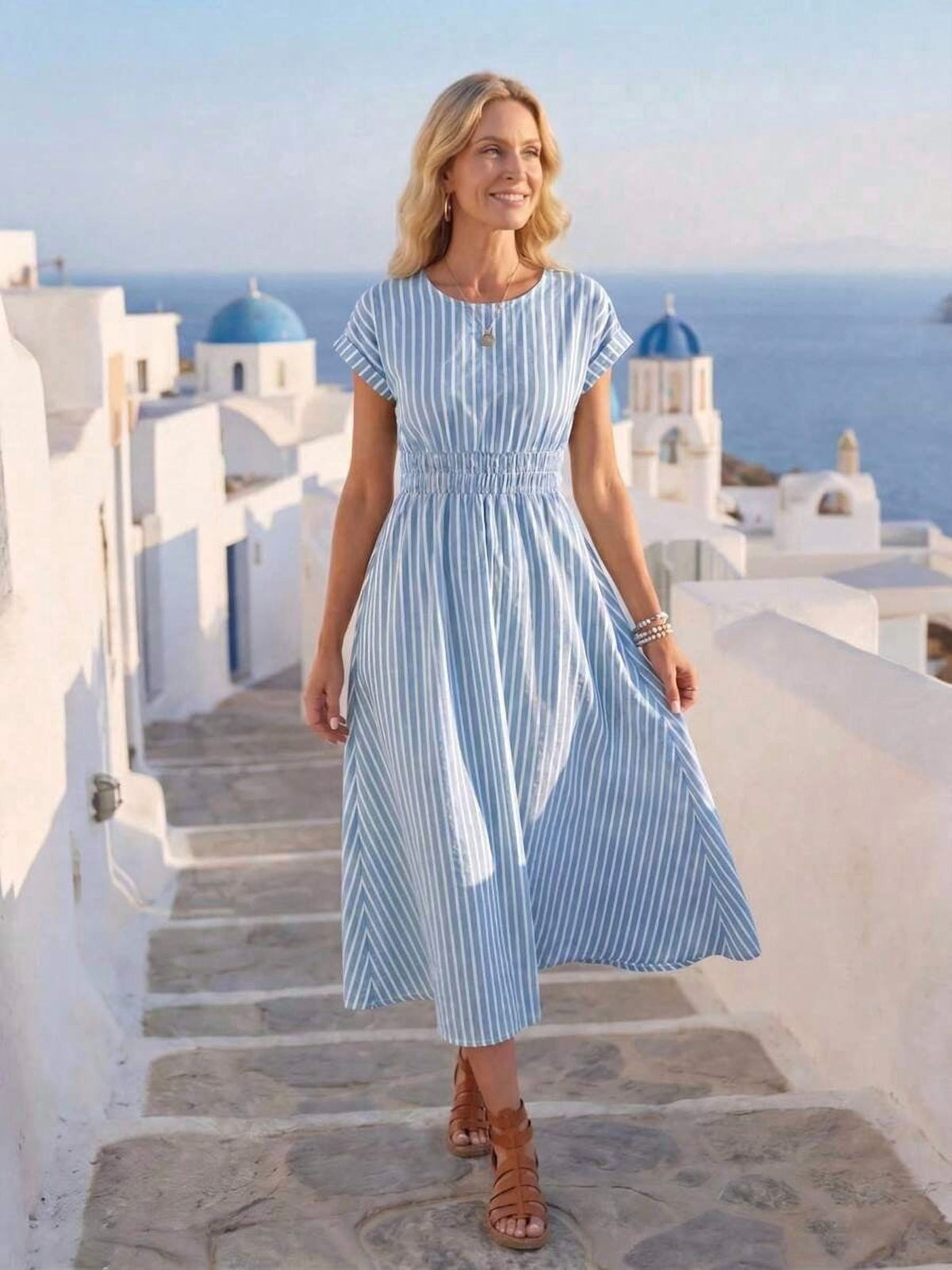 thumbnail image 1 of Womens Blue And White Striped Ruched Waist Midi Dress Summer Vacation, 1 of 9