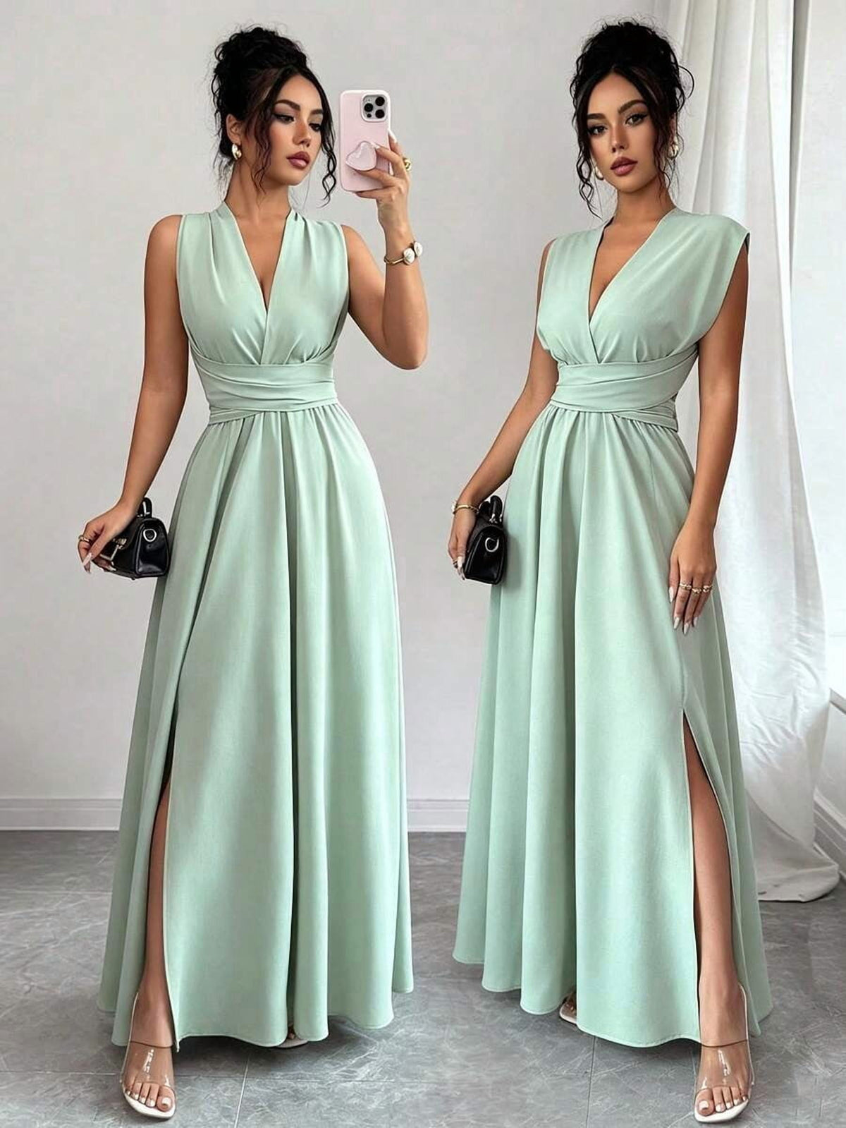 thumbnail image 1 of Womens Mint Green Sleeveless V-Neck Maxi Dress With Bow Back And Side Slit, 1 of 8