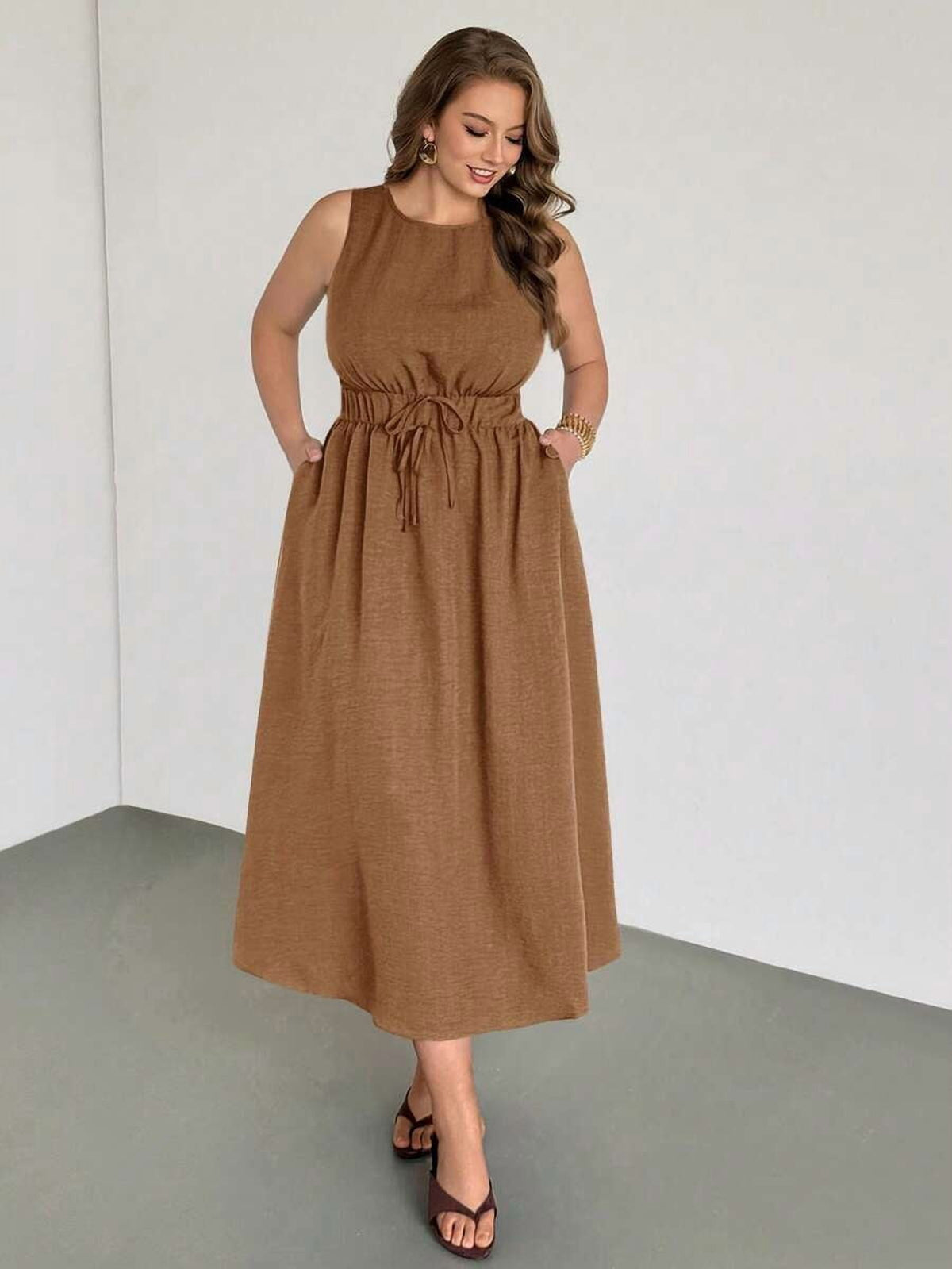thumbnail image 1 of Womens Sleeveless Camel A-Line Dress With Elasticated Tie Waist And Pockets, 1 of 8