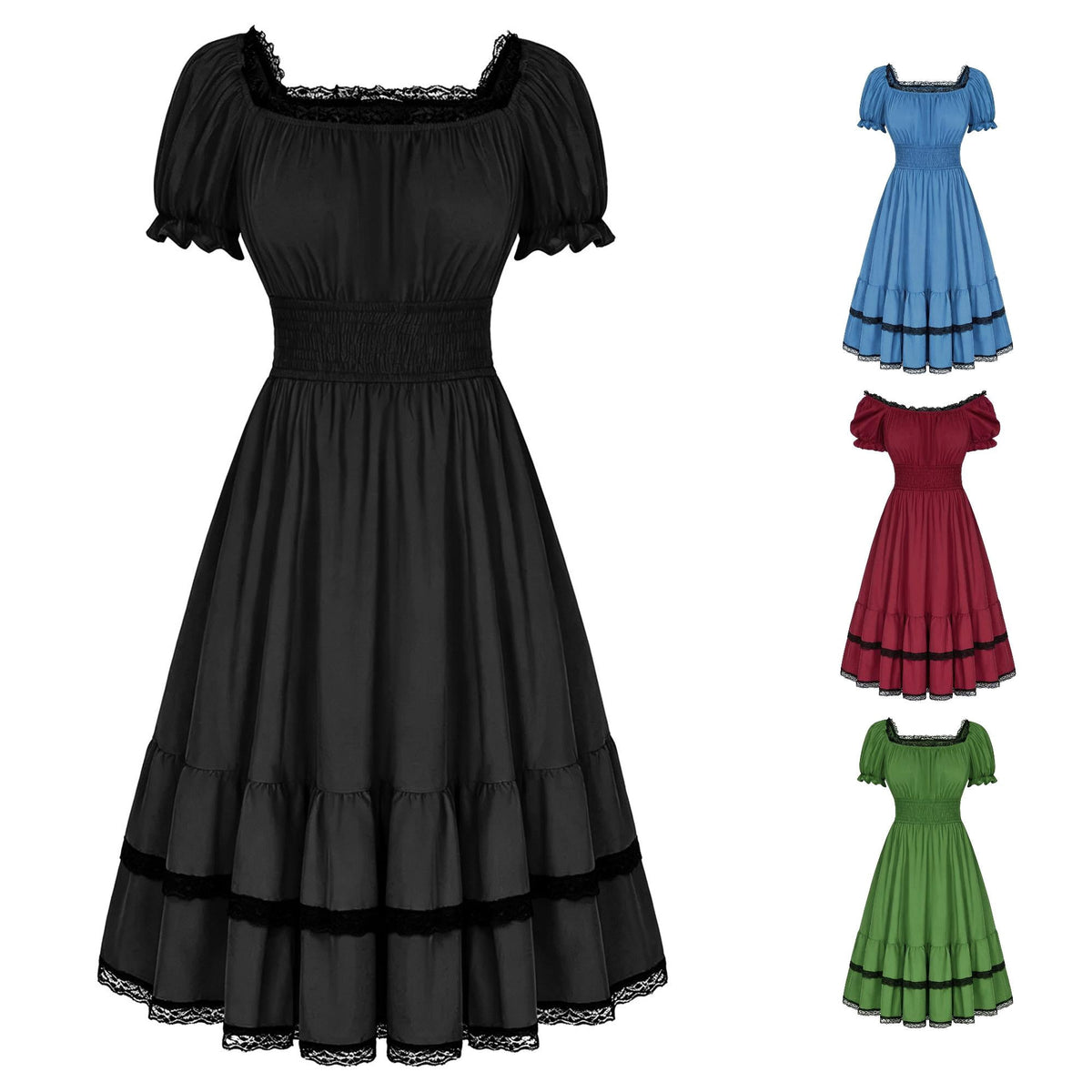 thumbnail image 1 of Wxolcjlv Lace Tiered Mini Dress for Women Square Neck Puff Sleeve Smocked Waist Gothic Dress, 1 of 8