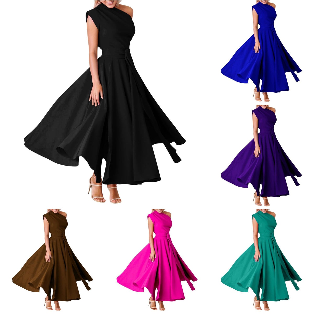 thumbnail image 1 of XIAOCHA One‑Shoulder Maxi Dress for Women Solid Sleeveless Dresses Summer Party Shift Dress, Sizes L, 1 of 7