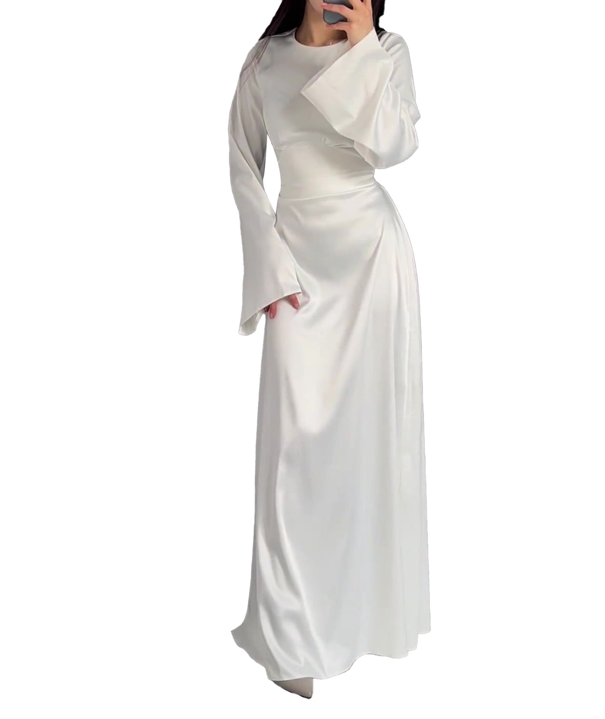 thumbnail image 1 of XXXITICAT Women's Satin Long Sleeve Round Neck Back Lace Up Maxi Dress(WH,S), 1 of 4