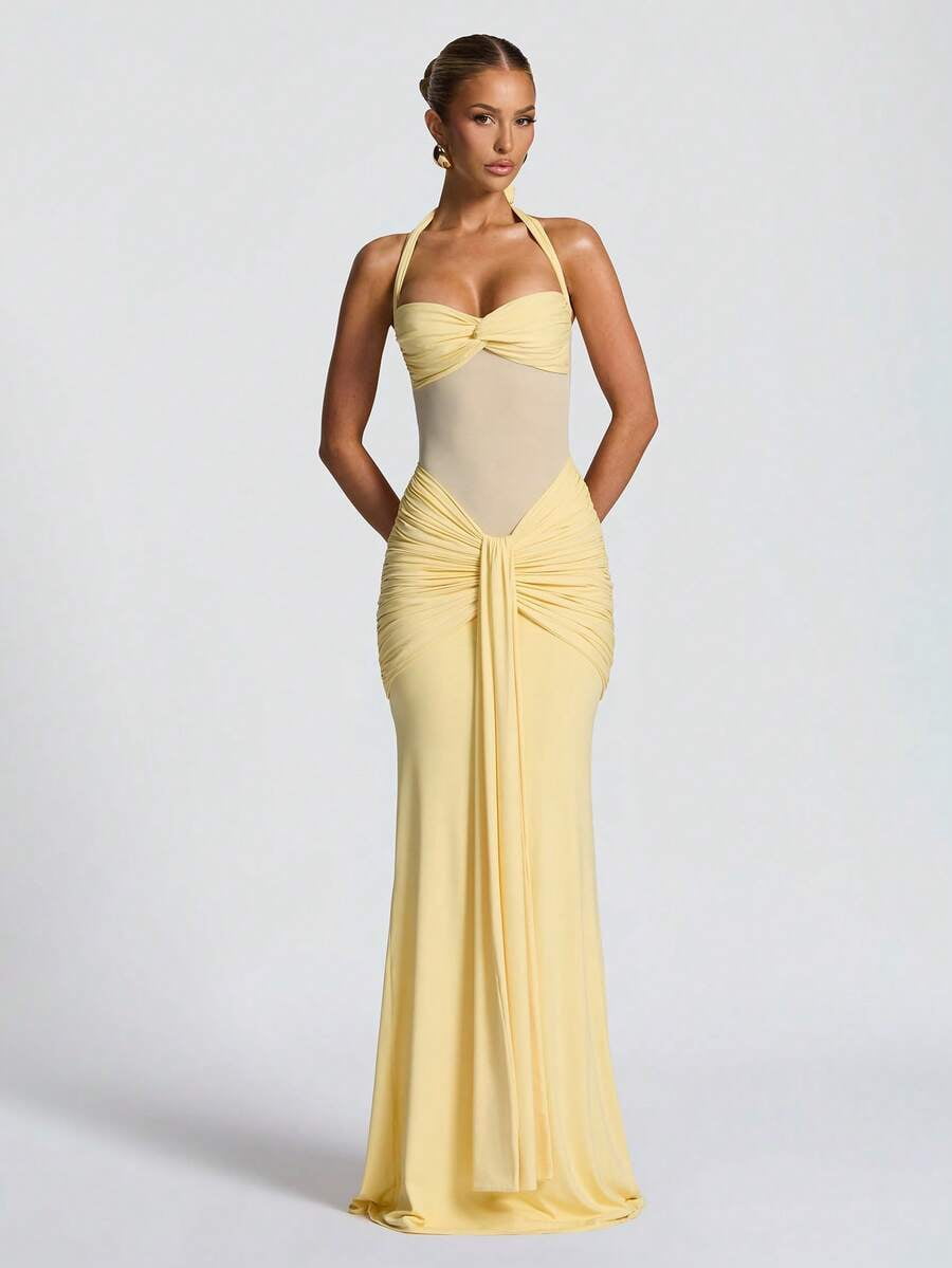 thumbnail image 1 of Yellow Halter Neck Ruched Waist Mermaid Evening Gown, 1 of 8