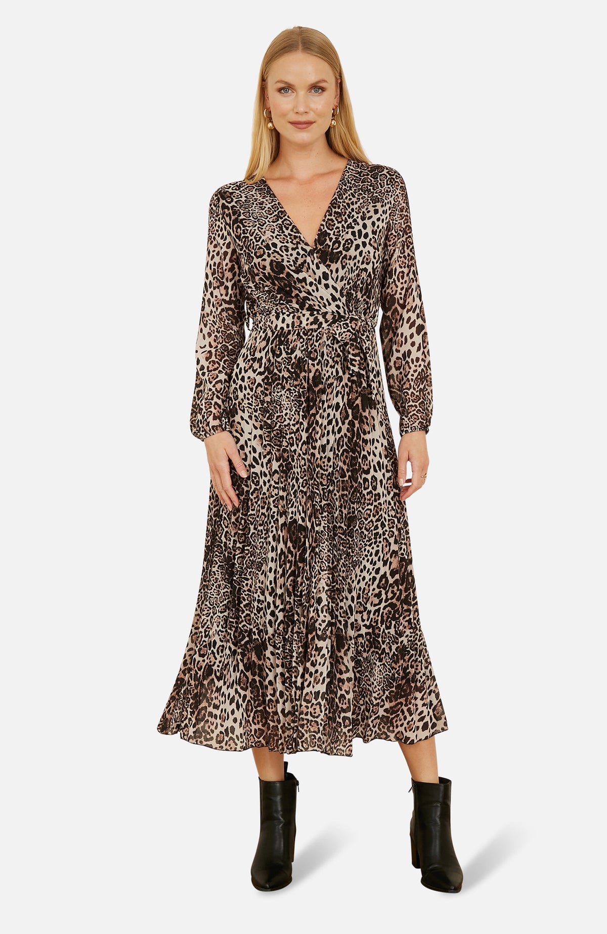 thumbnail image 1 of Yumi Leopard Print Long Sleeve Midi Dress - White, 4, 1 of 6