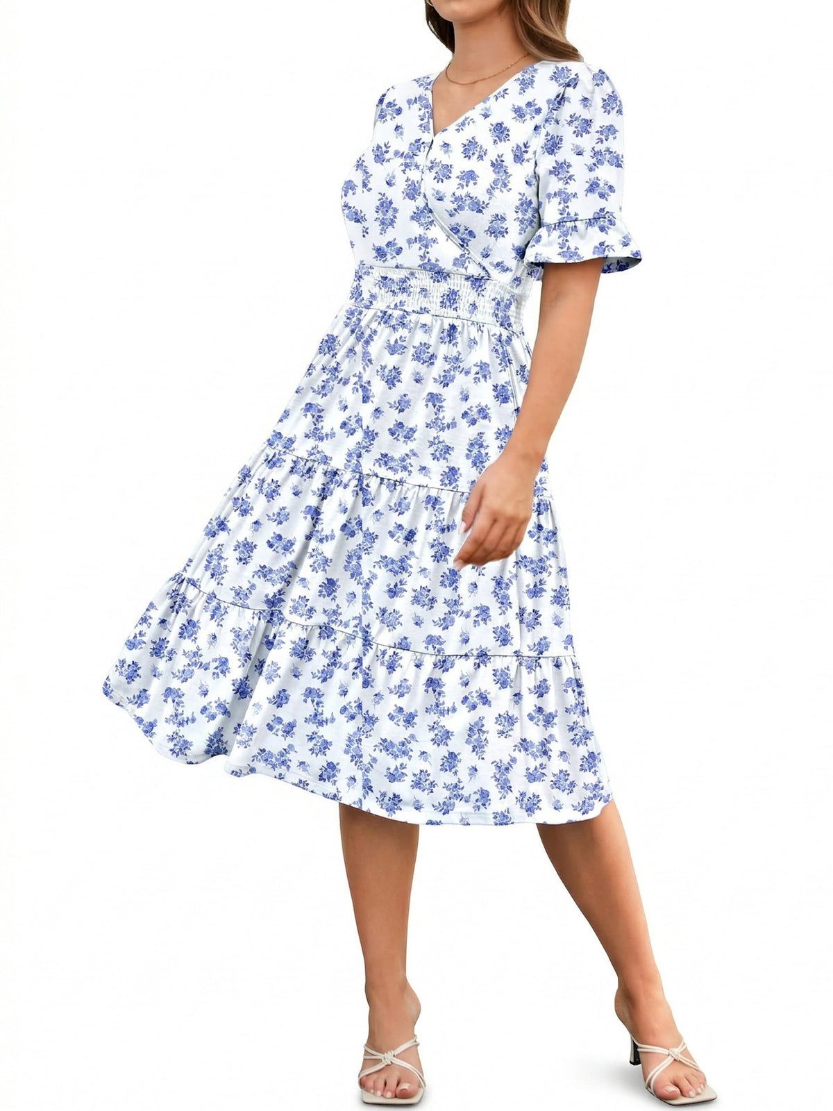 thumbnail image 1 of Zeagoo Floral Midi A-Line Dress Women's Boho V-Neck Spring Summer Dress Layer Ruffle Hem Cute Dress, 1 of 8