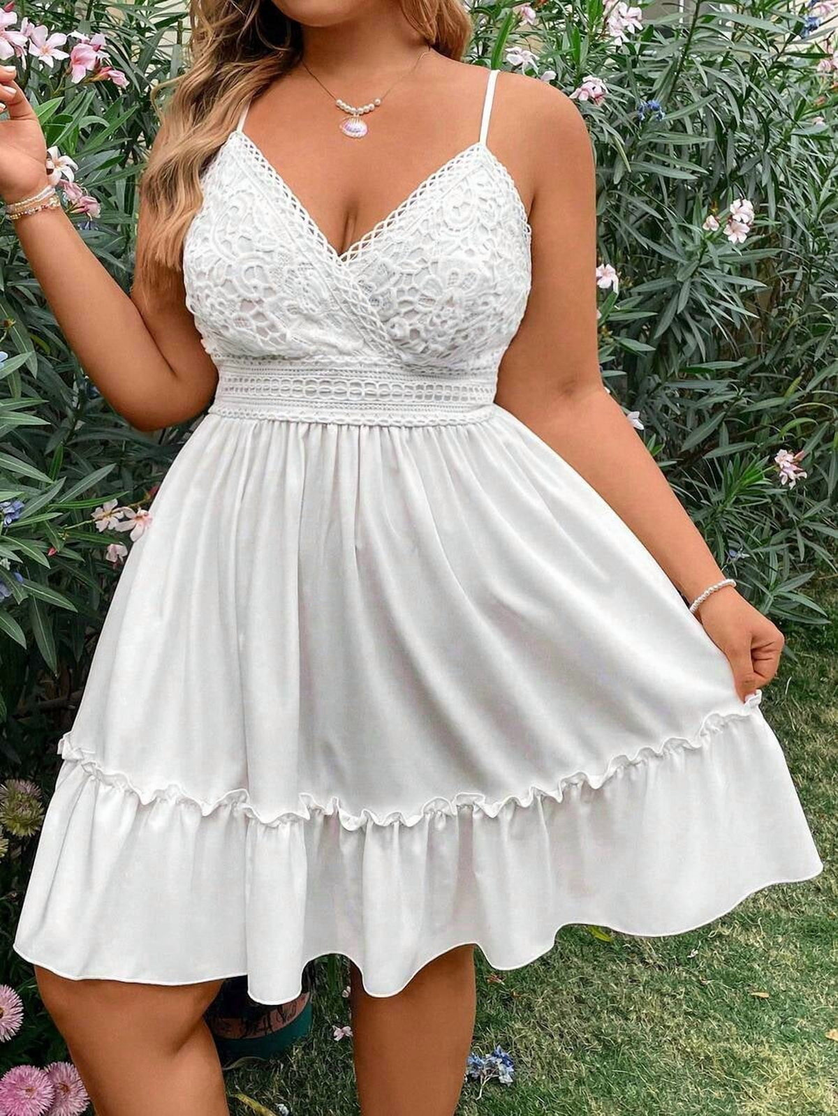 thumbnail image 4 of White Plus Size Lace Cami Dress With Ruffle Hem, 4 of 8