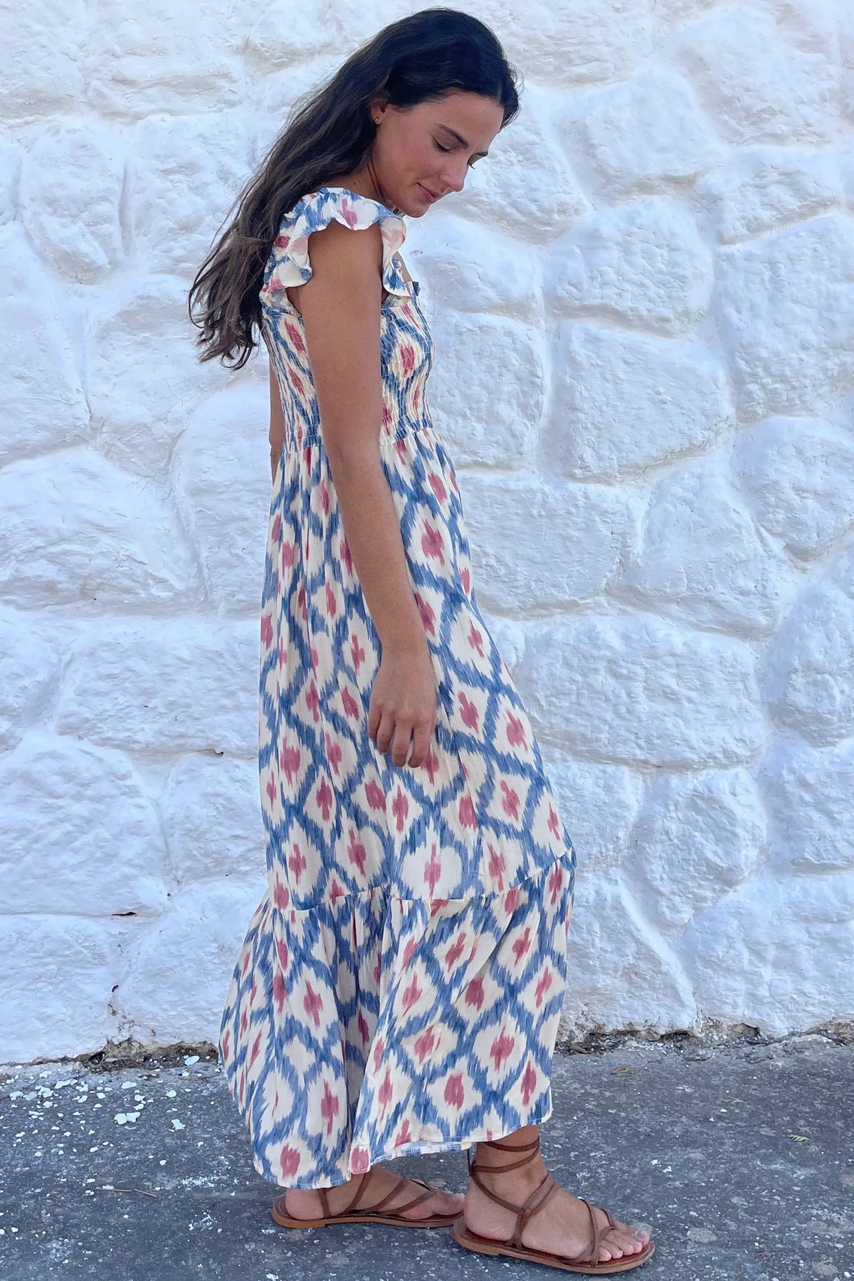 thumbnail image 2 of Women's Sky Blue Geometric Print Maxi Dress – Smocked High Waist Boho Shift Dress for Summer Vacation, XL, 2 of 6