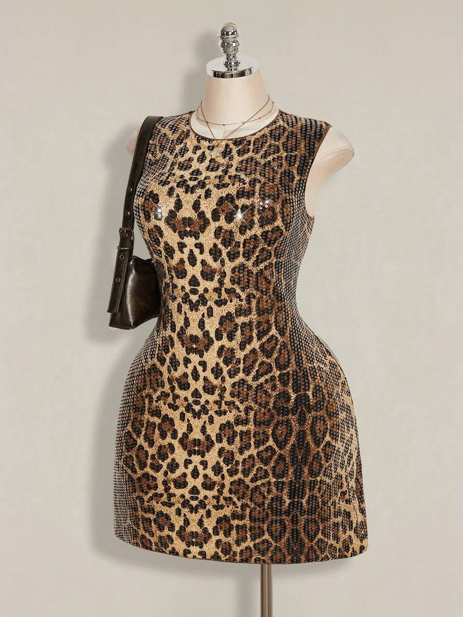 thumbnail image 4 of Multicolor Plus Size Sleeveless Leopard Print Sequin Cocktail Dress, 4 of 9
