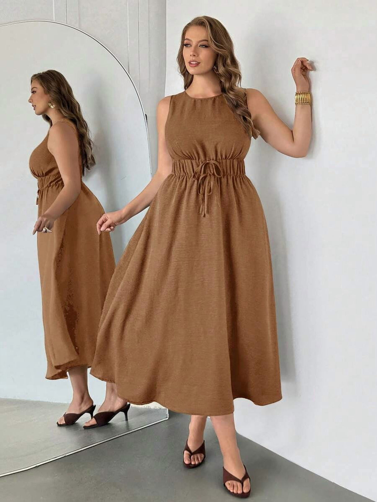thumbnail image 4 of Womens Sleeveless Camel A-Line Dress With Elasticated Tie Waist And Pockets, 4 of 8