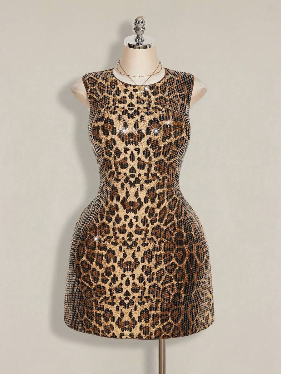 thumbnail image 3 of Multicolor Plus Size Sleeveless Leopard Print Sequin Cocktail Dress, 3 of 9