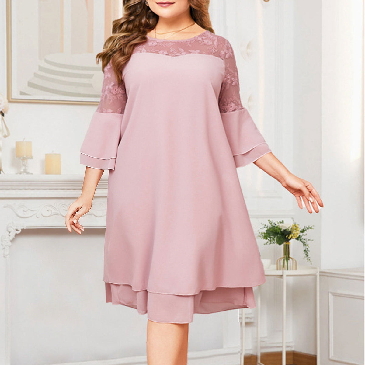 thumbnail image 6 of TaTaai Womens Clothes Plus Size Embroidered Patchwork Round Neck Five Quarter Sleeve Elegant Dress for Daily Gift, 6 of 7