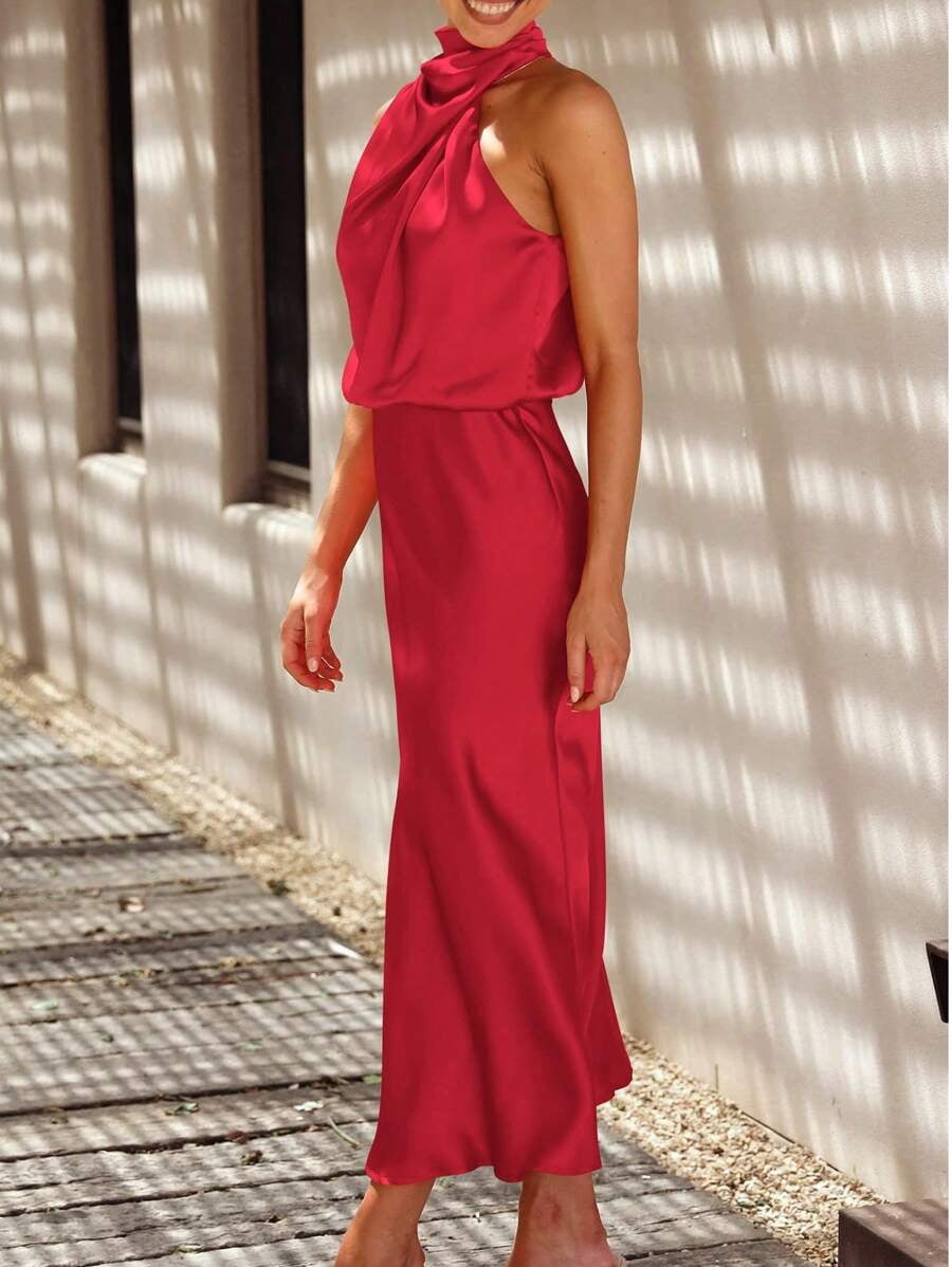 thumbnail image 5 of Bright Red Satin Sleeveless Cowl Neck Midi Cocktail Dress, 5 of 30