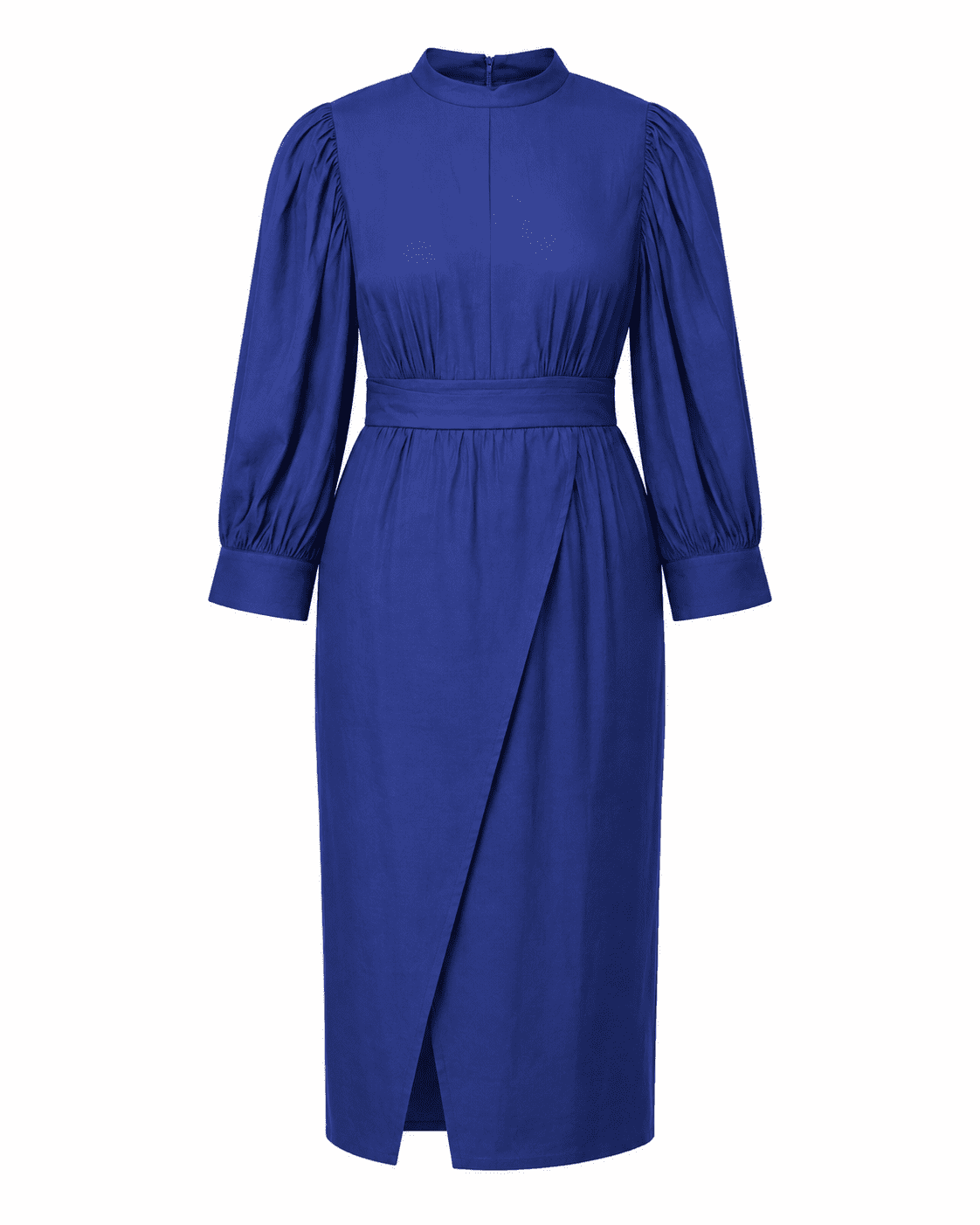 thumbnail image 2 of Plus Size Faux Denim Wrap Waist Maxi Dress, Puff Sleeve Mandarin Collar Front Slit Casual Semi-Formal Dress, 2 of 6