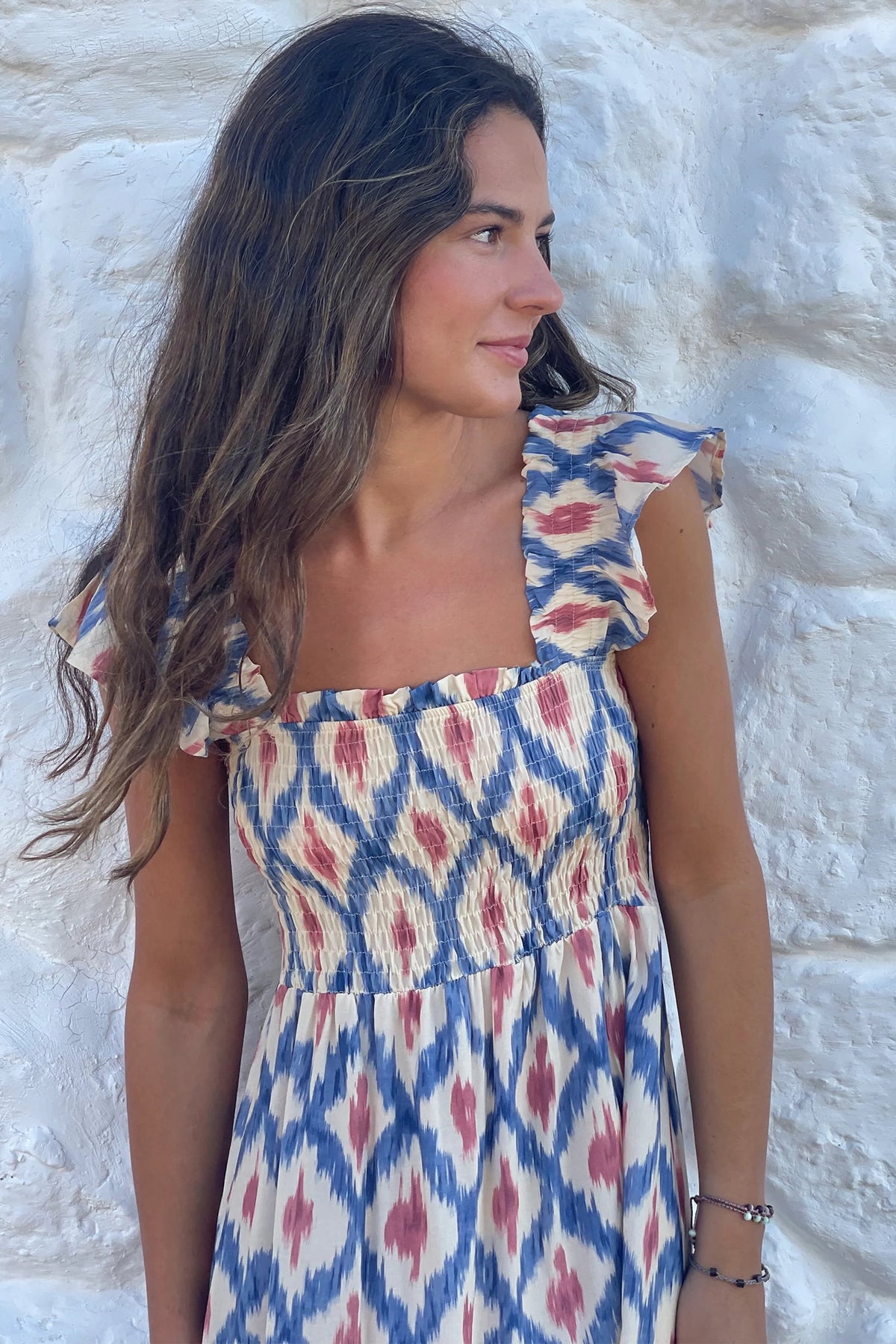 thumbnail image 3 of Women's Sky Blue Geometric Print Maxi Dress – Smocked High Waist Boho Shift Dress for Summer Vacation, XL, 3 of 6