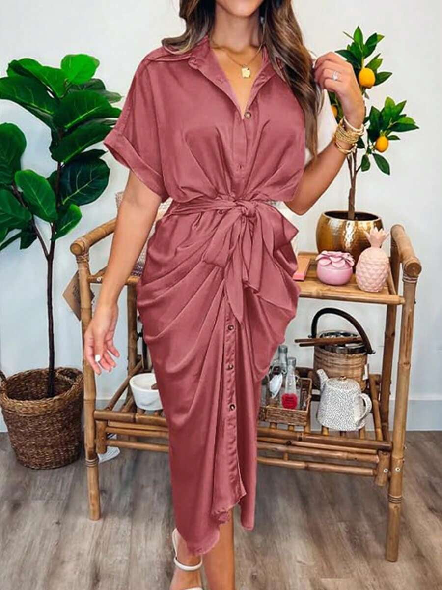 thumbnail image 4 of Dusty Pink Ruched Button Down Midi Dress with Tie Waist, 4 of 5