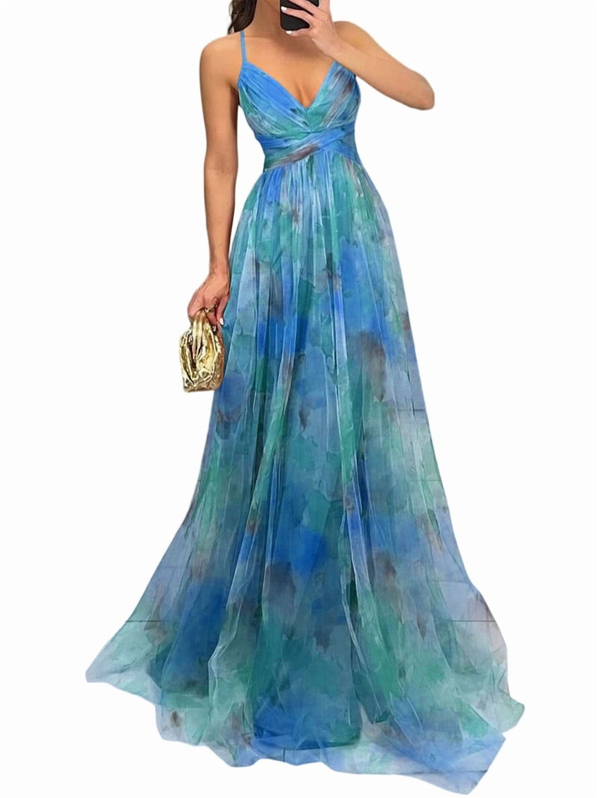 thumbnail image 2 of Women'S Floral Strappy Dress Low Cut Tie Front High Waist Slit Maxi Printed Summer Dress Green L, 2 of 6