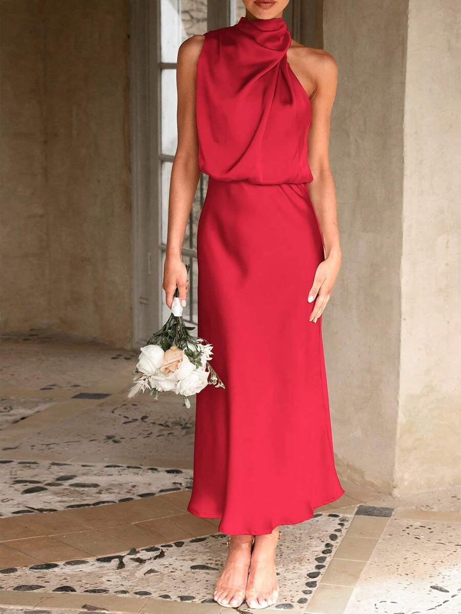 thumbnail image 4 of Bright Red Satin Sleeveless Cowl Neck Midi Cocktail Dress, 4 of 30