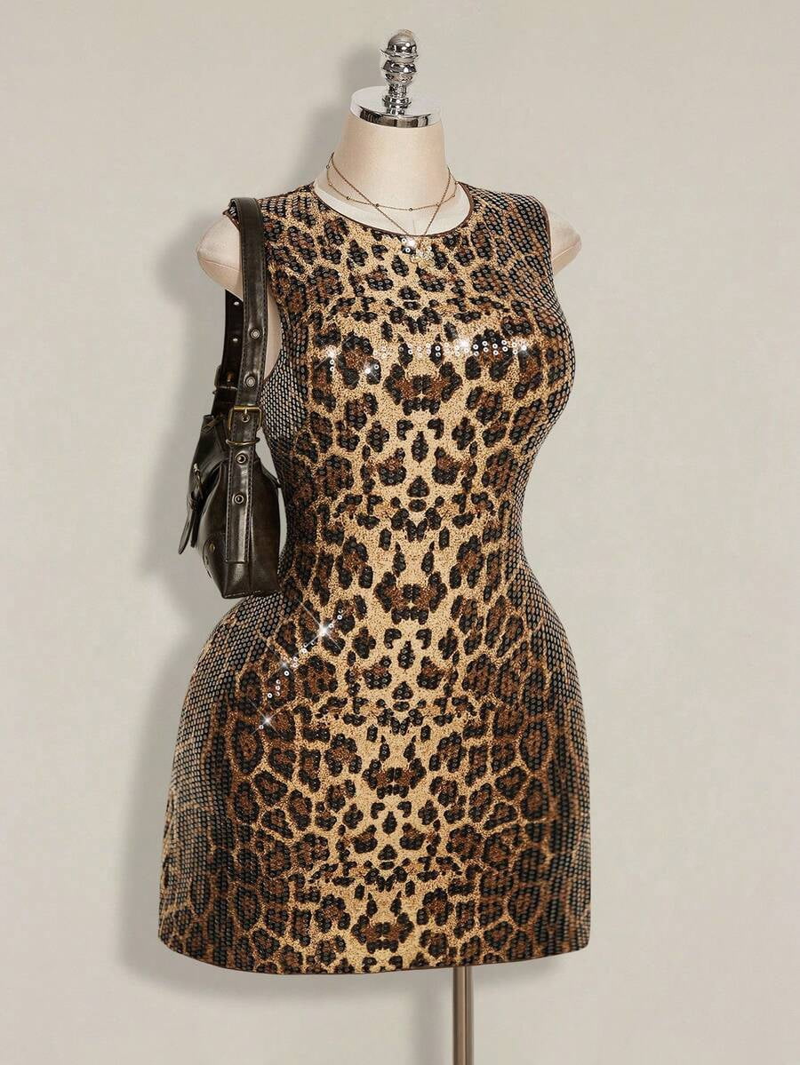 thumbnail image 6 of Multicolor Plus Size Sleeveless Leopard Print Sequin Cocktail Dress, 6 of 9