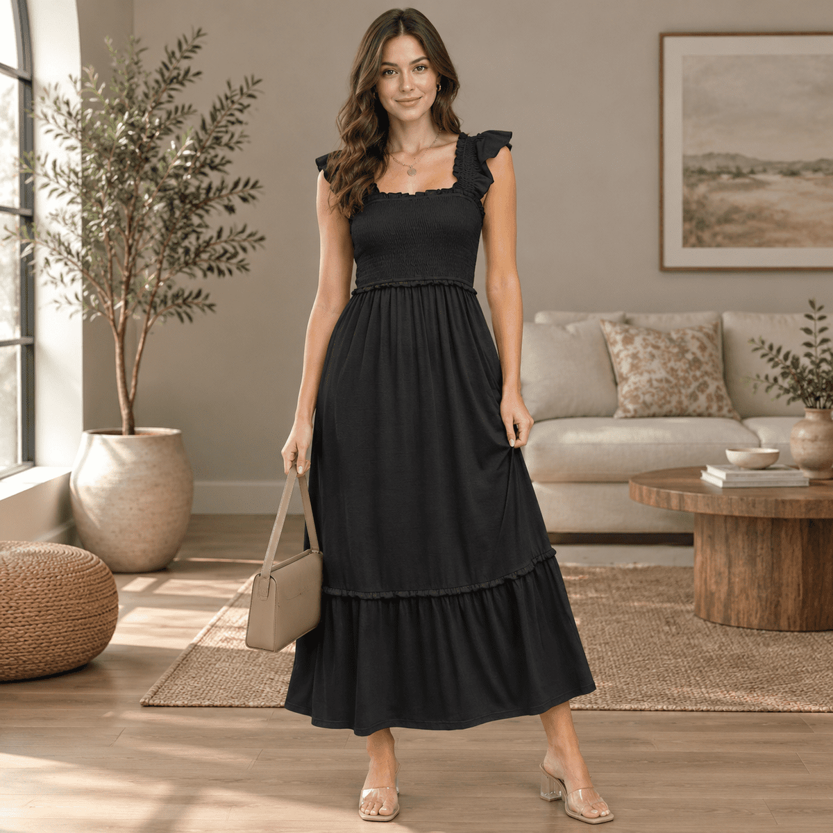 thumbnail image 2 of Womens Black Medium Smocked Maxi Dress Summer Sleeveless Flowy Boho Sundress, 2 of 6