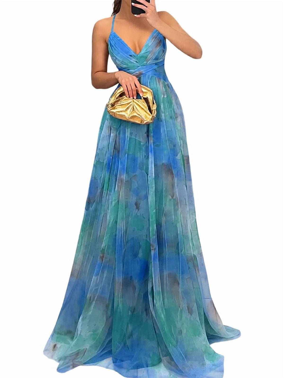 thumbnail image 3 of Women'S Floral Strappy Dress Low Cut Tie Front High Waist Slit Maxi Printed Summer Dress Green L, 3 of 6