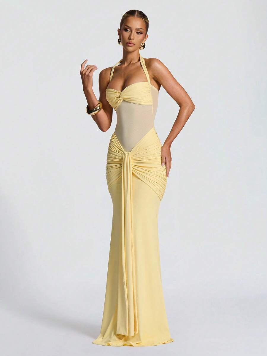 thumbnail image 3 of Yellow Halter Neck Ruched Waist Mermaid Evening Gown, 3 of 8