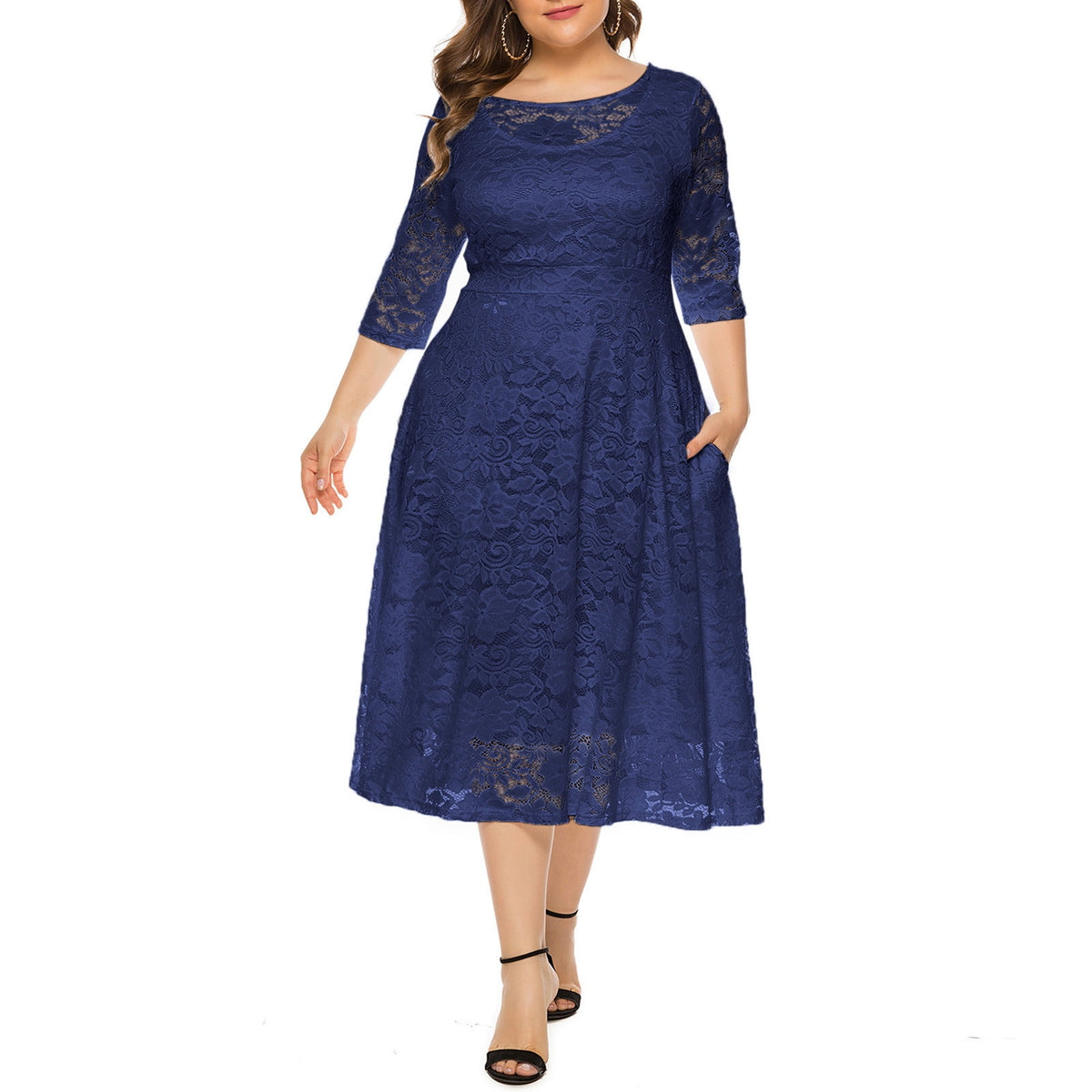thumbnail image 2 of gakvbuo Plus Size Dresses For Curvy Women Wedding Guest Fall Dresses For Women 2023 Women's Large Size Hollow Lace Pocket Dress Evening Dress Long Skirt, 2 of 4